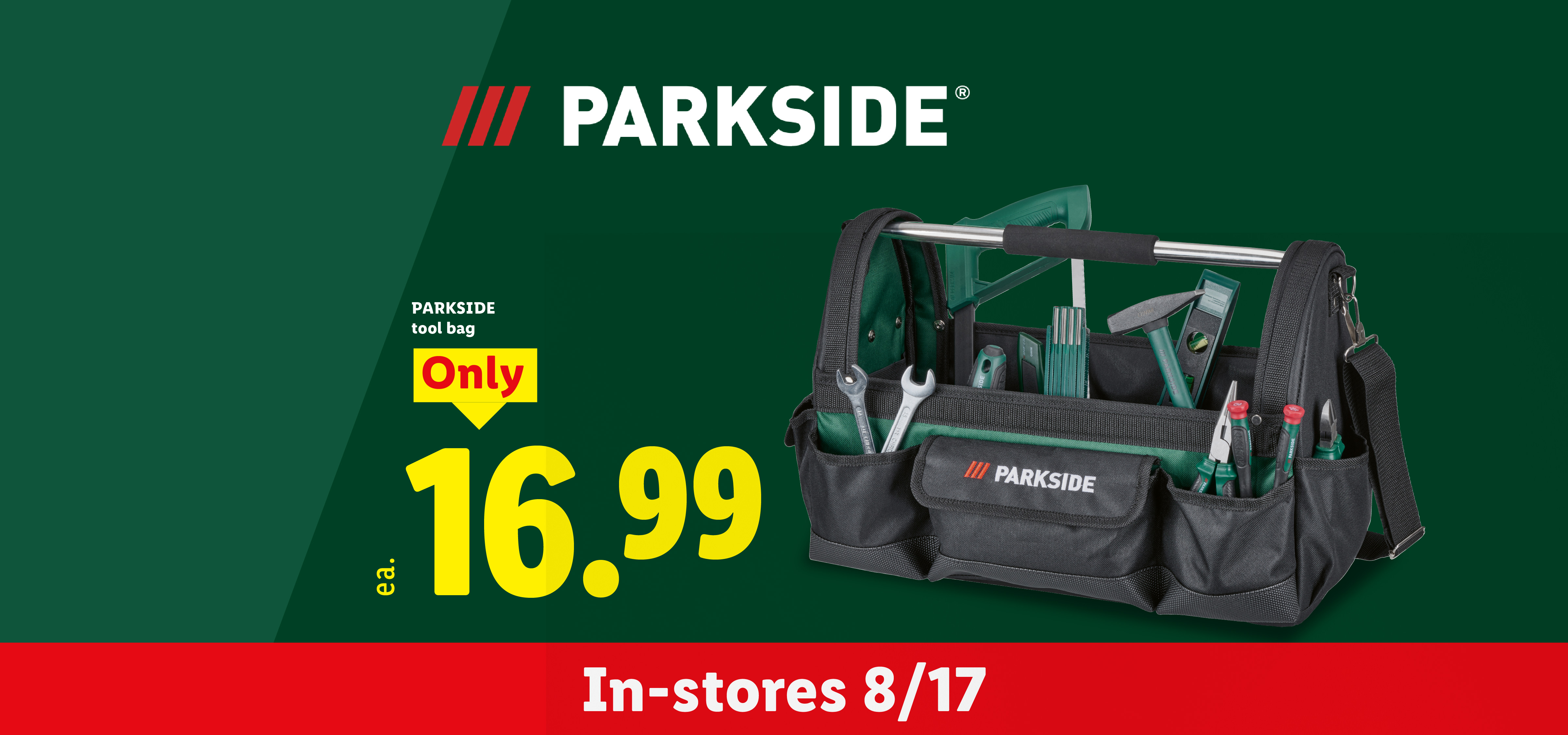 Tool bag with various tools, available in-stores 8/17 for only 16.99 ea.