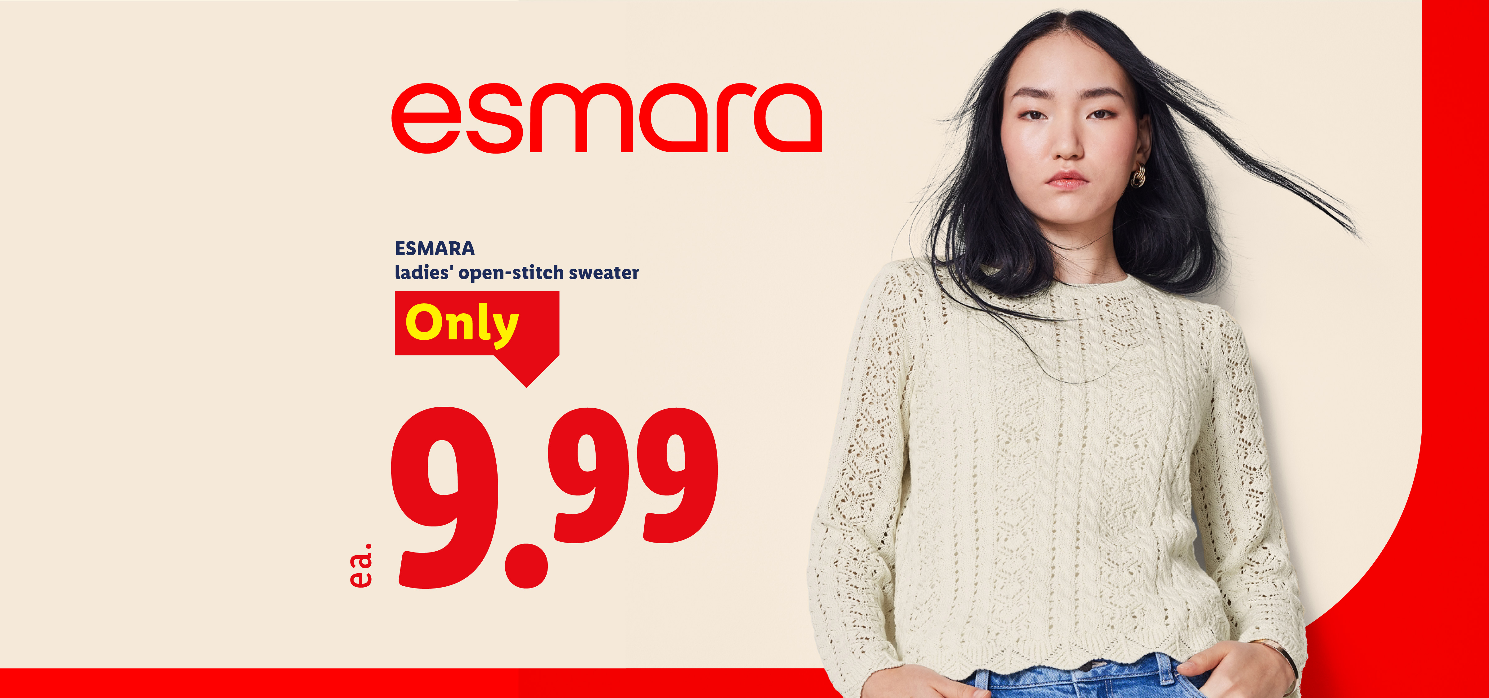 A woman wearing a cream open-stitch sweater, priced at $9.99, available in-stores 8/17.