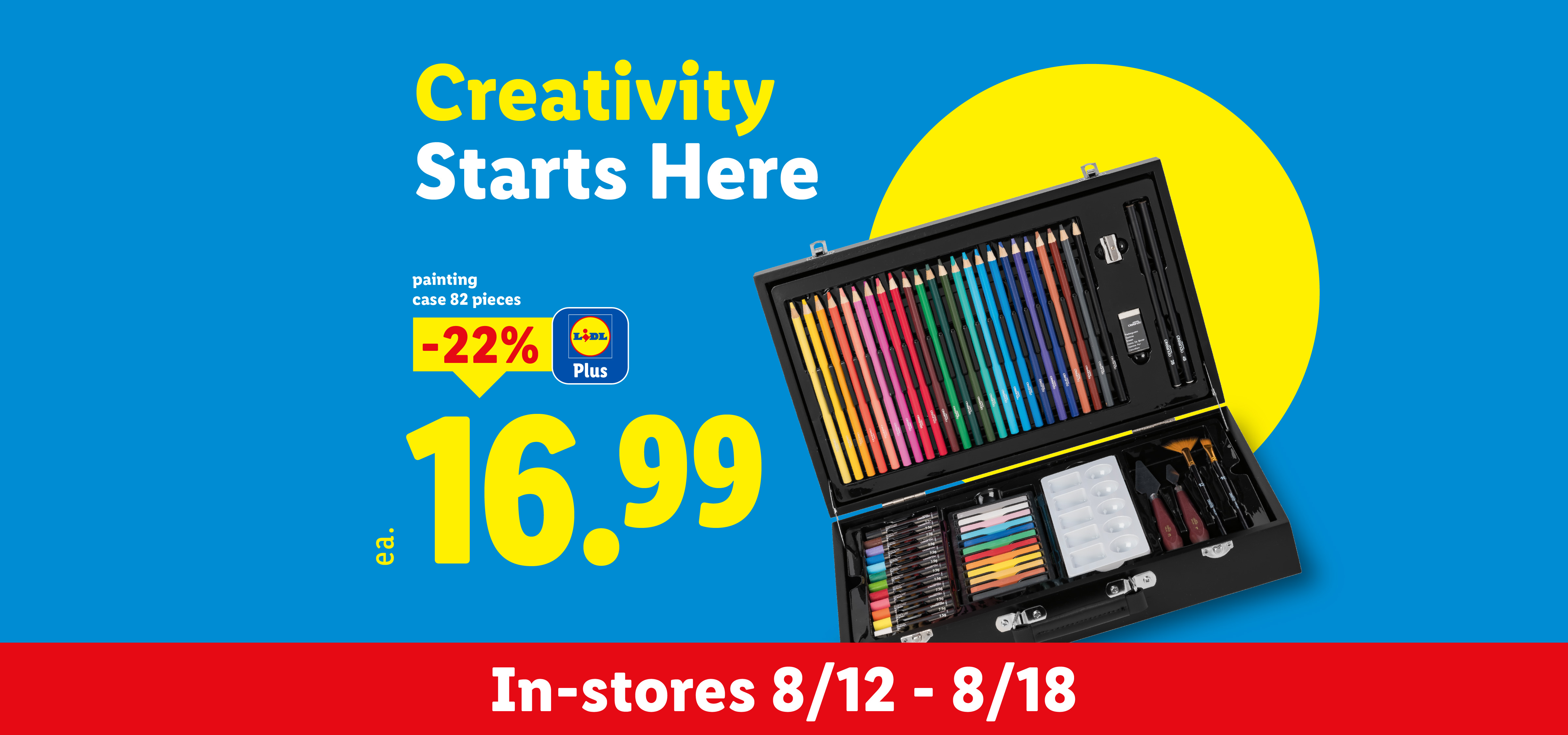 Painting case with 82 pieces, including colored pencils, pastels, and brushes, on sale for $16.99.
