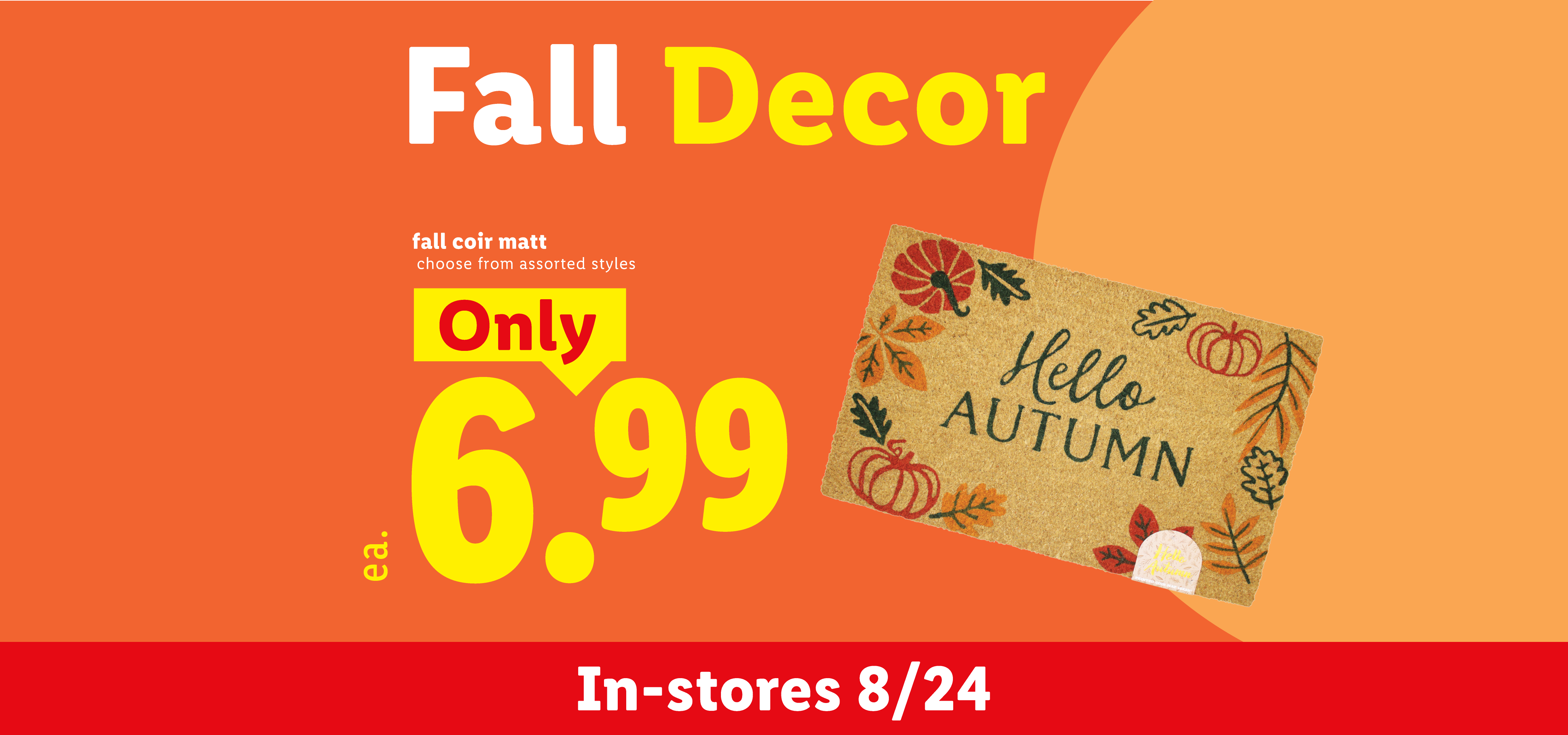 Fall decor featuring two coir mats with pumpkin and autumn-themed designs, priced at $6.99 each.