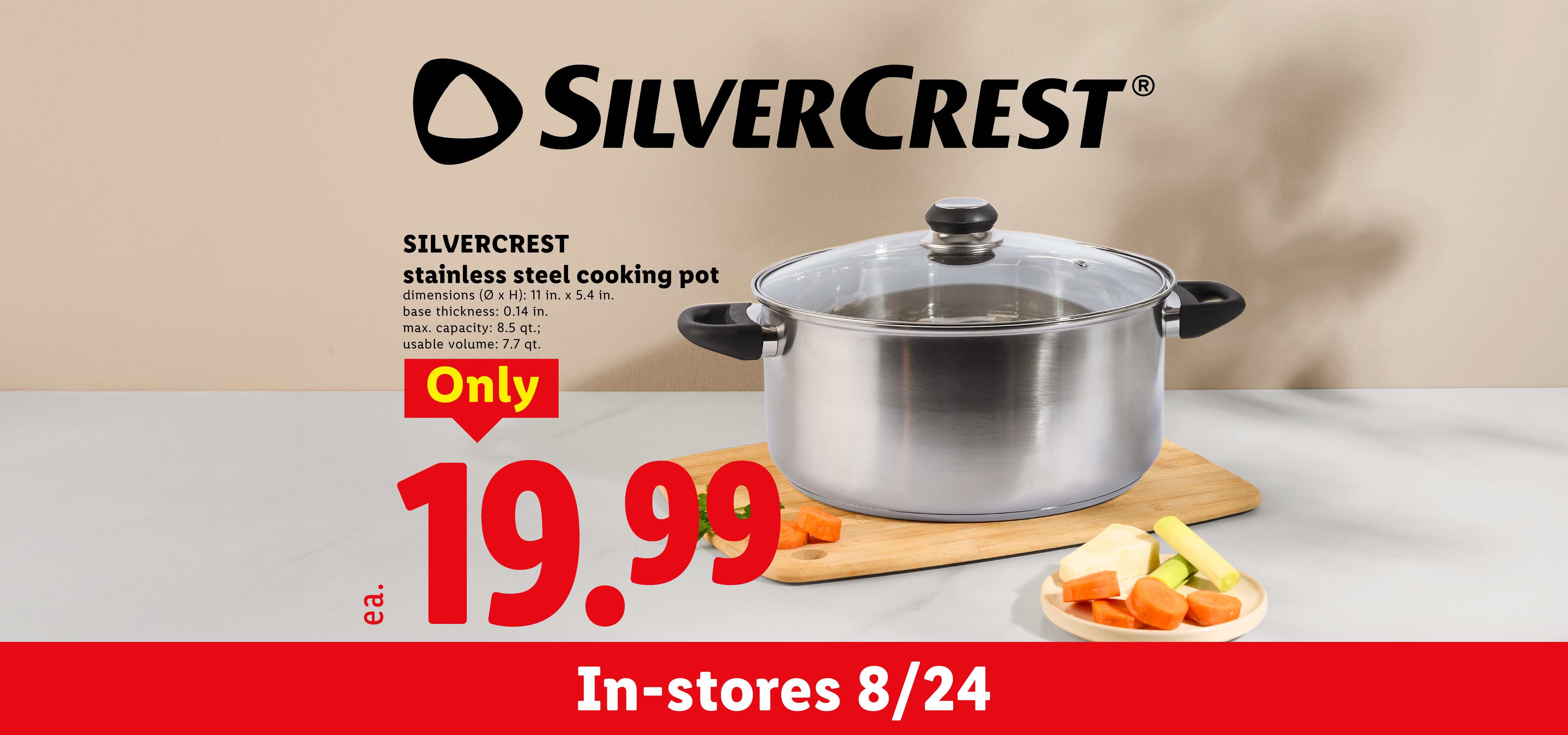 Stainless steel cooking pot with glass lid, vegetables on a cutting board, priced at $19.99.