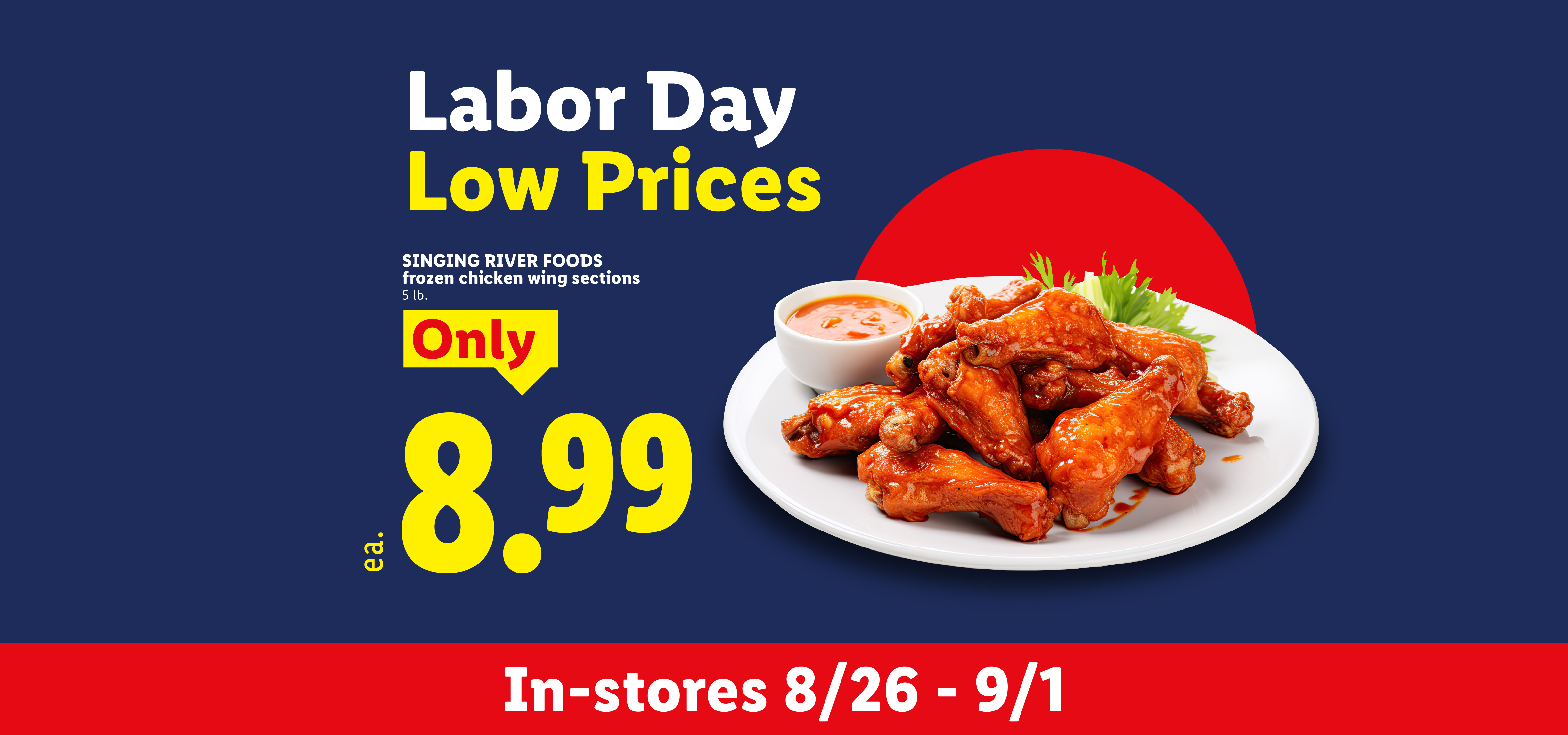 Labor Day sale with frozen chicken wing sections for $8.99, available in-stores 8/26.