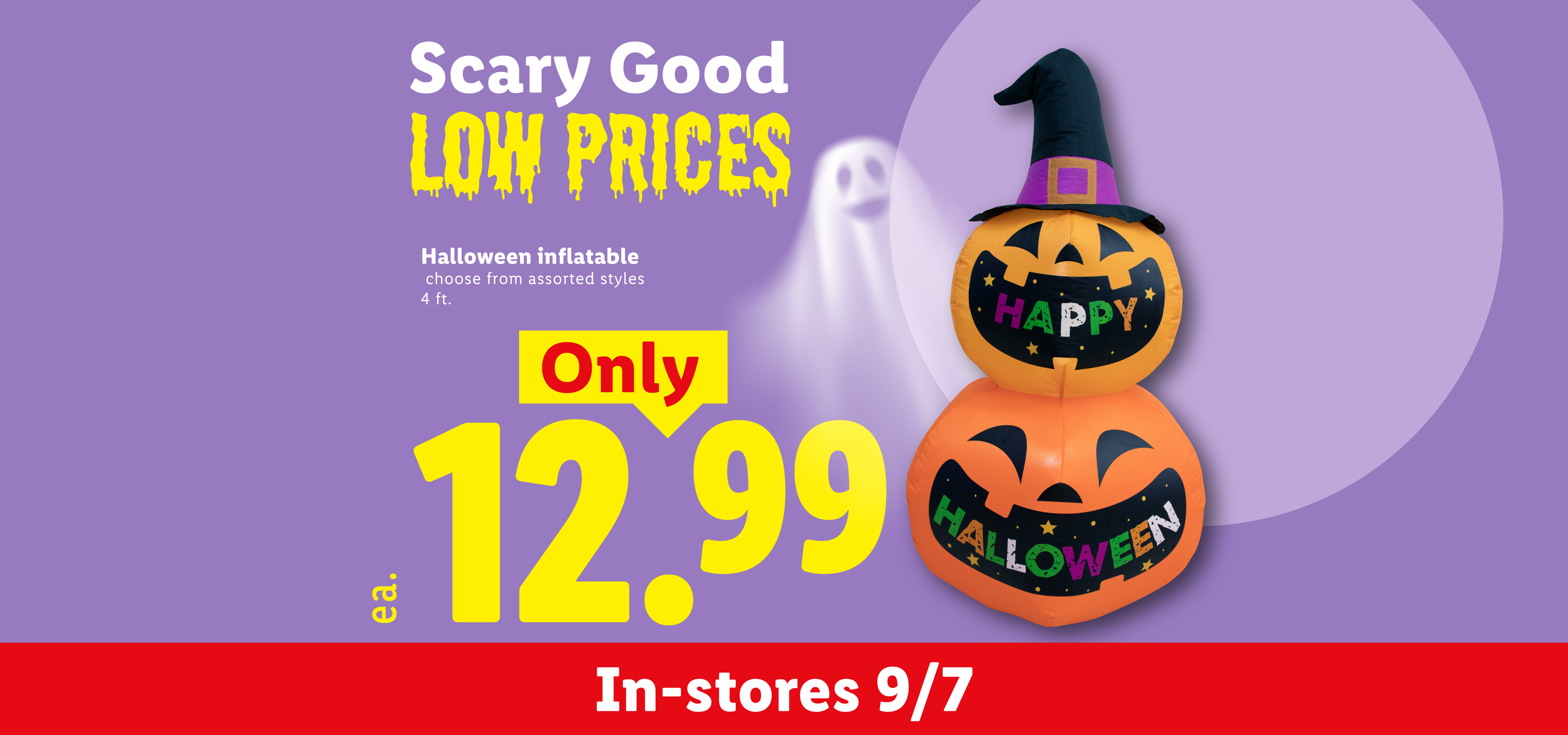 Halloween inflatable featuring stacked pumpkins with a witch hat, priced at $12.99, available in-stores 9/7.