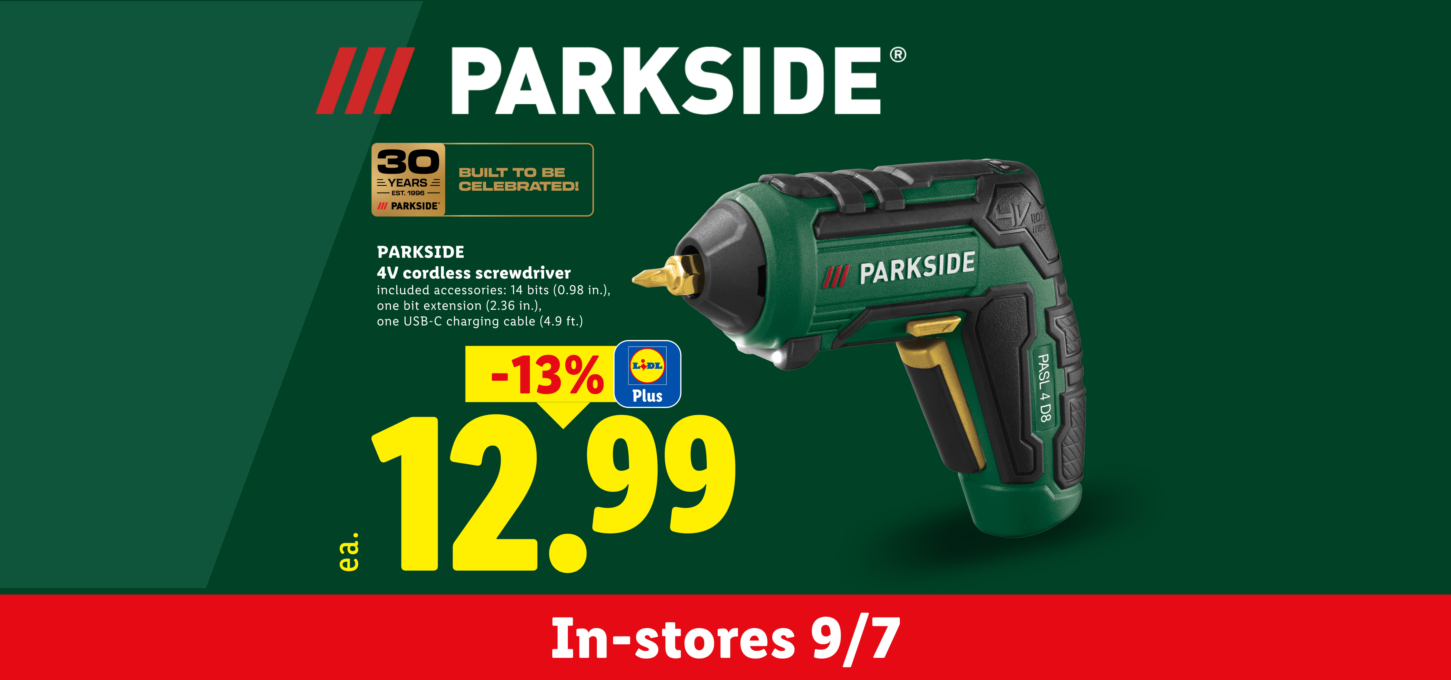 A cordless screwdriver with accessories, priced at 12.99, celebrating 30 years.