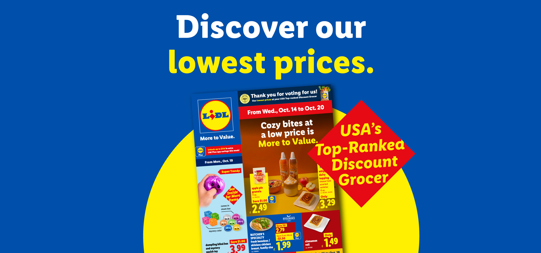 Weekly grocery flyer featuring seasonal fall treats and discounts on a blue background.