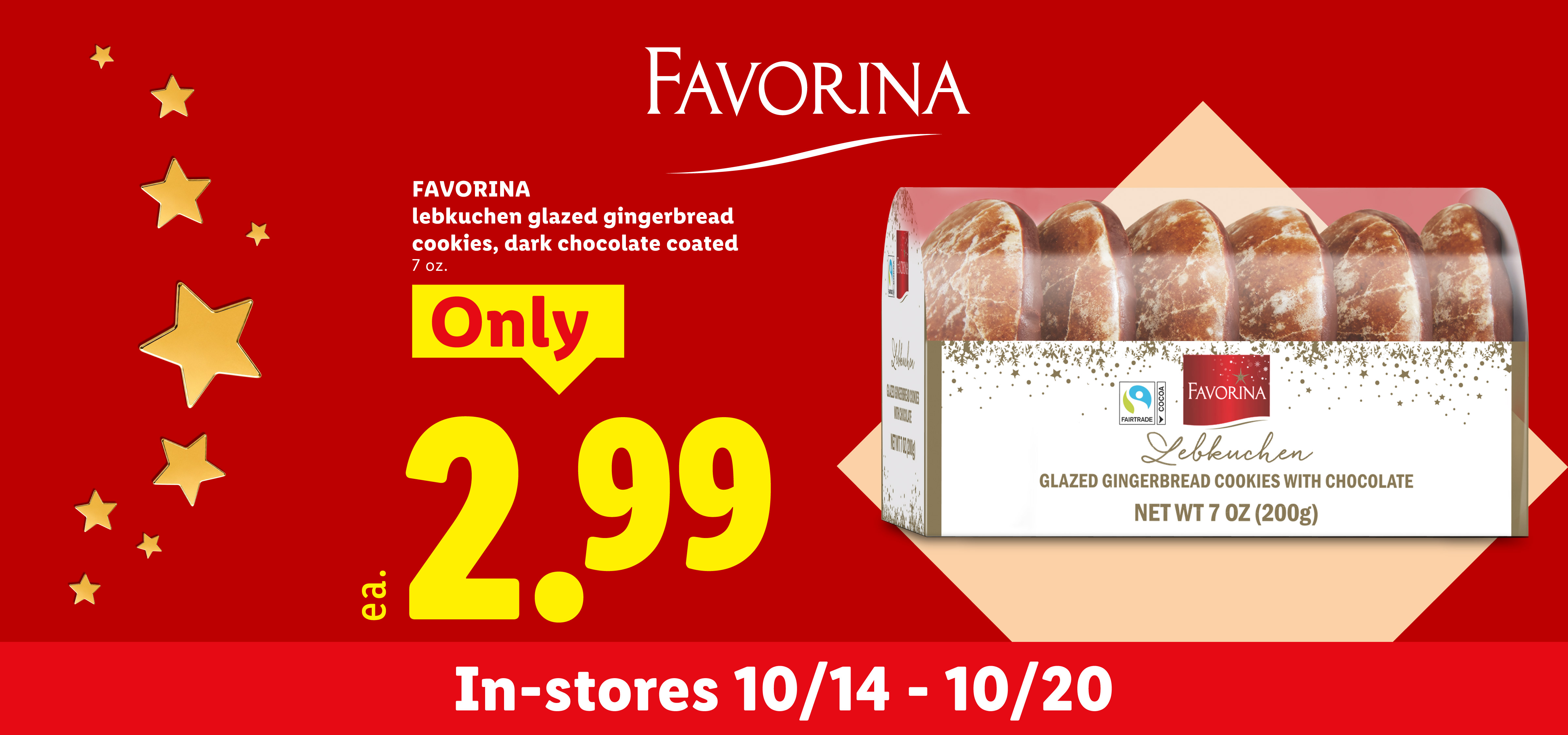Glazed gingerbread cookies with chocolate, 7 oz., on sale for $2.99 from 10/14 to 10/20.