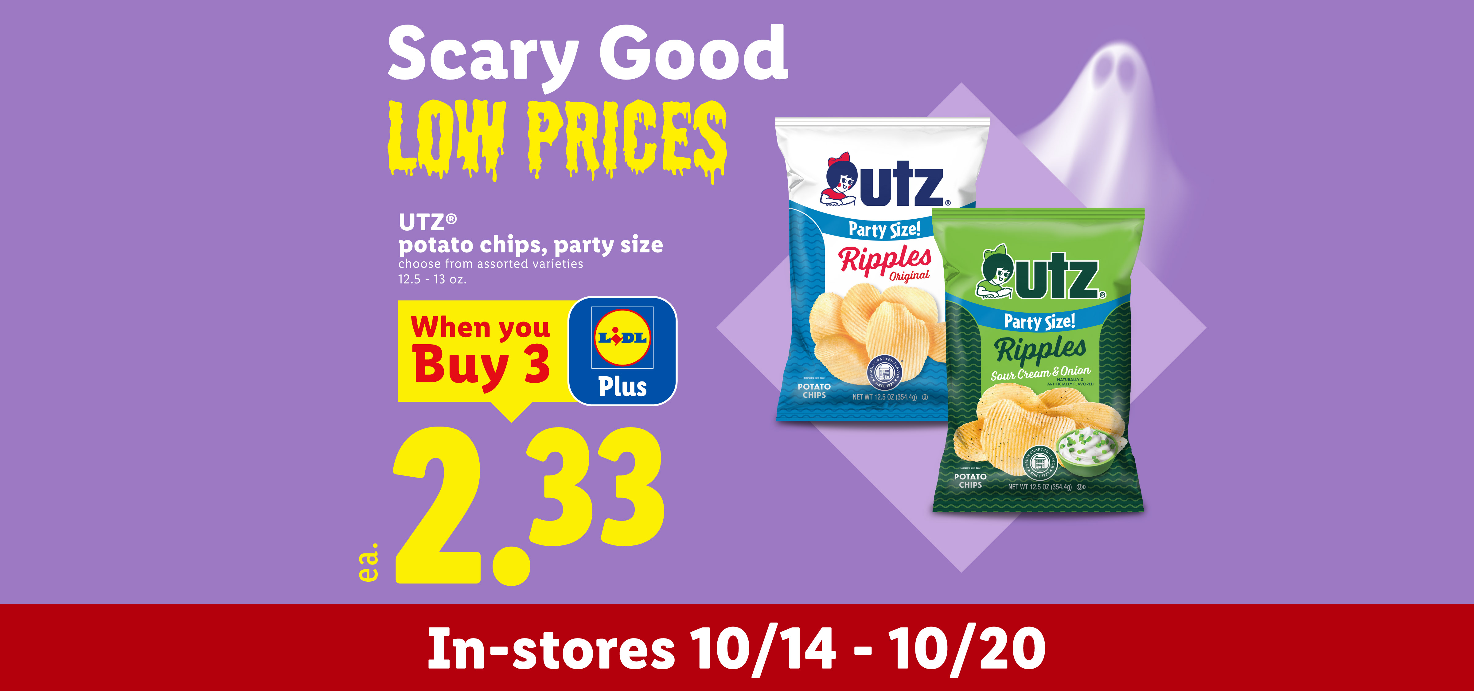 Spooktacular deals on party size potato chips for 2.33 each when you buy 3 with Lidl Plus.