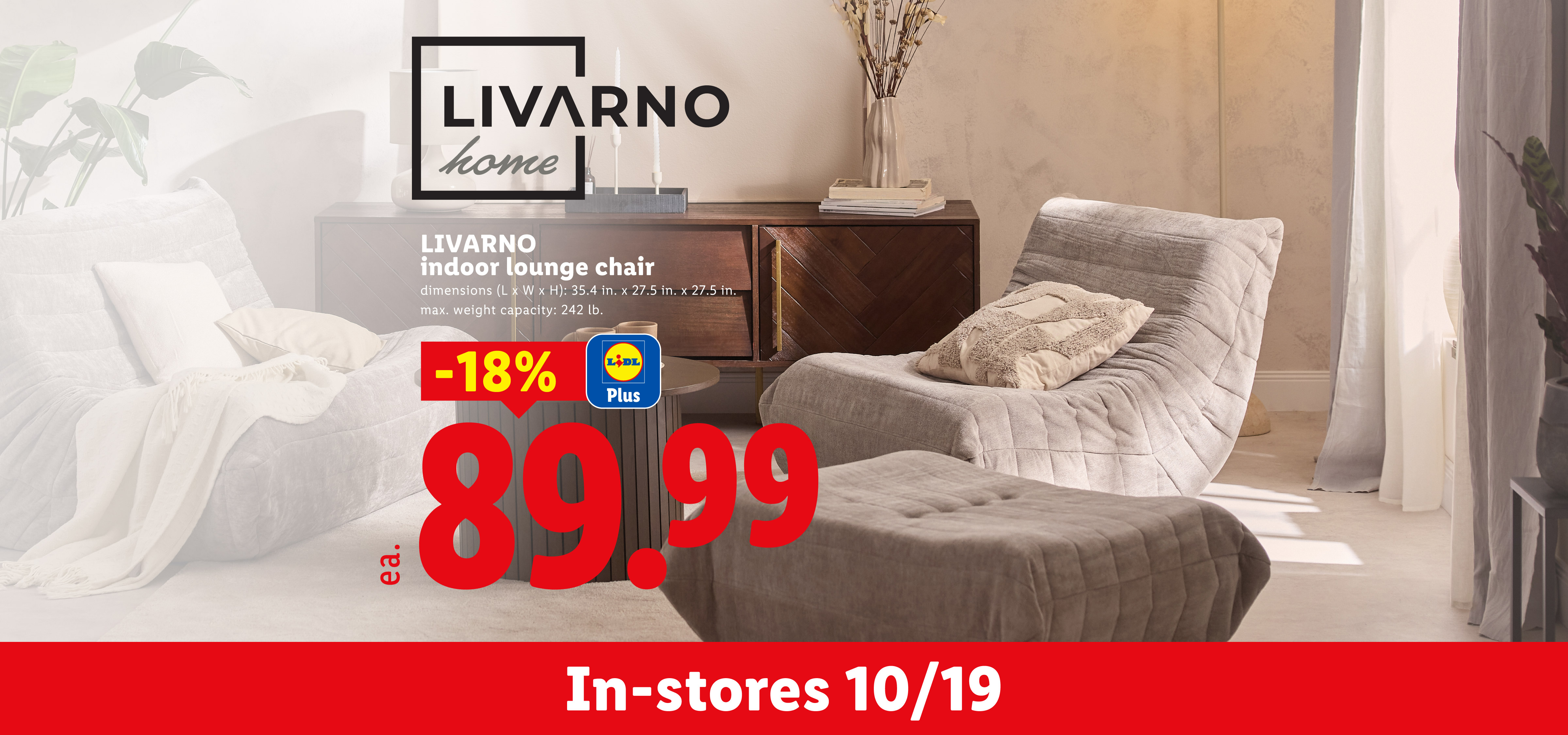 Indoor lounge chair with a textured cushion, on sale for 89.99 starting 10/19.