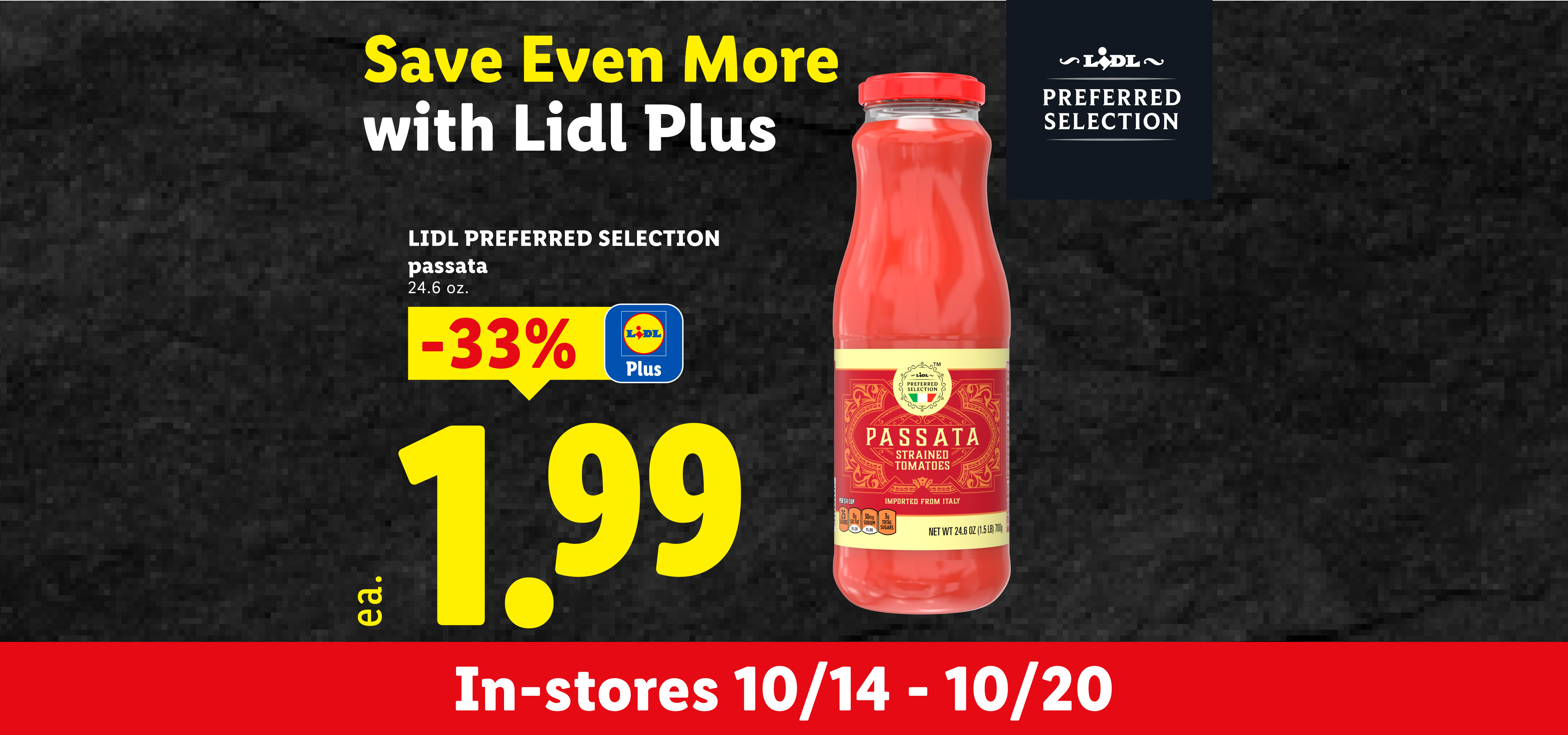 Strained tomatoes bottle on sale for 1.99 with a discount of 33%.