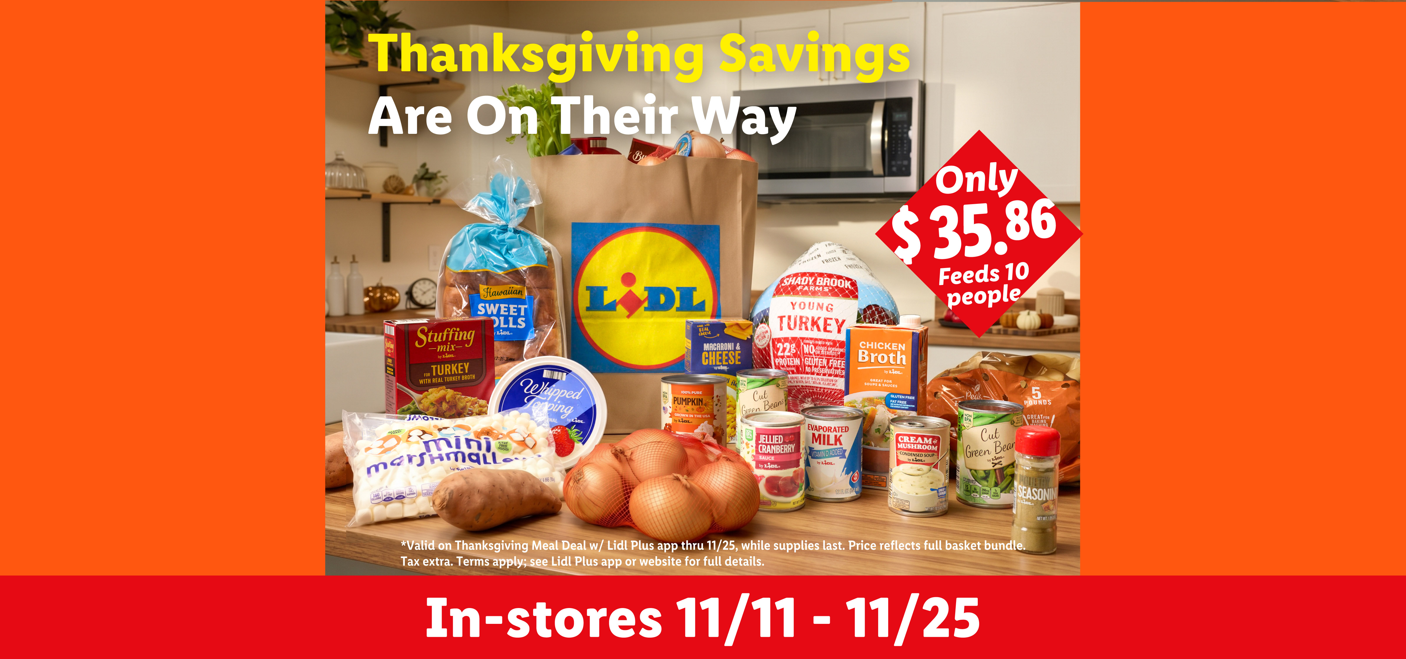 Thanksgiving meal deal banner featuring a turkey, vegetables, and sides for $35.86.