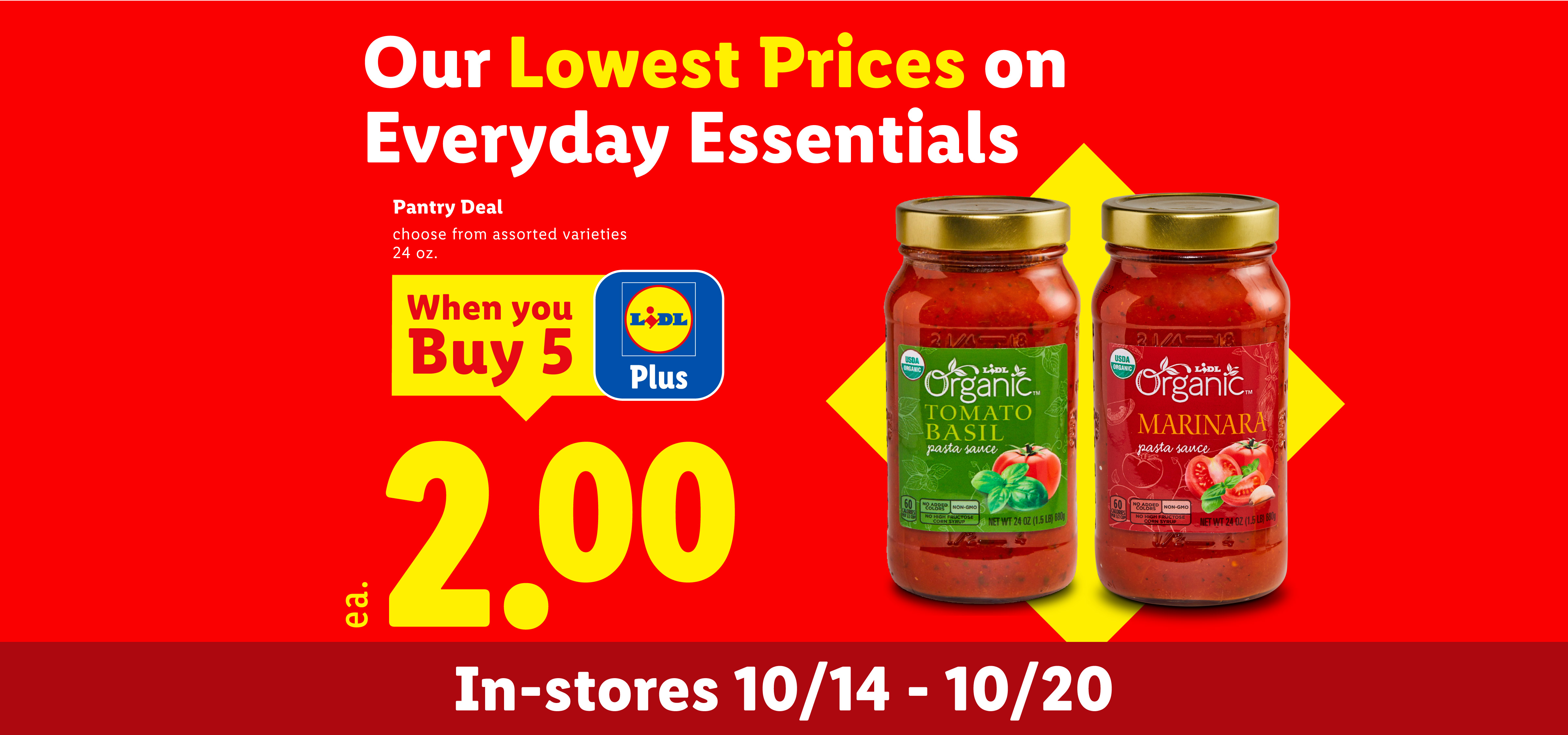 Organic pasta sauce jars on sale for $2.00 each when you buy 5 with the store app.