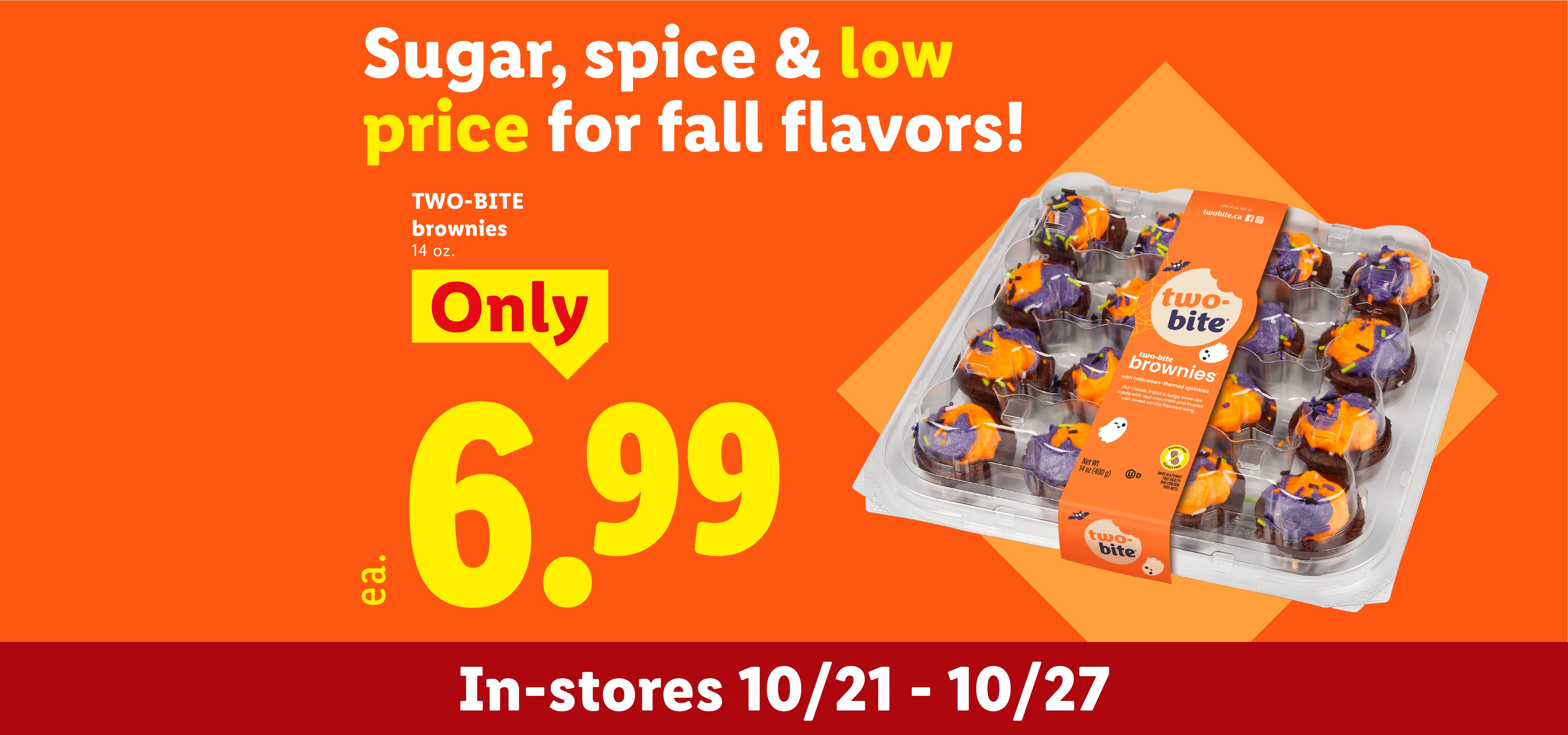 Halloween-themed bite-sized brownies with orange and purple frosting for 6.99.