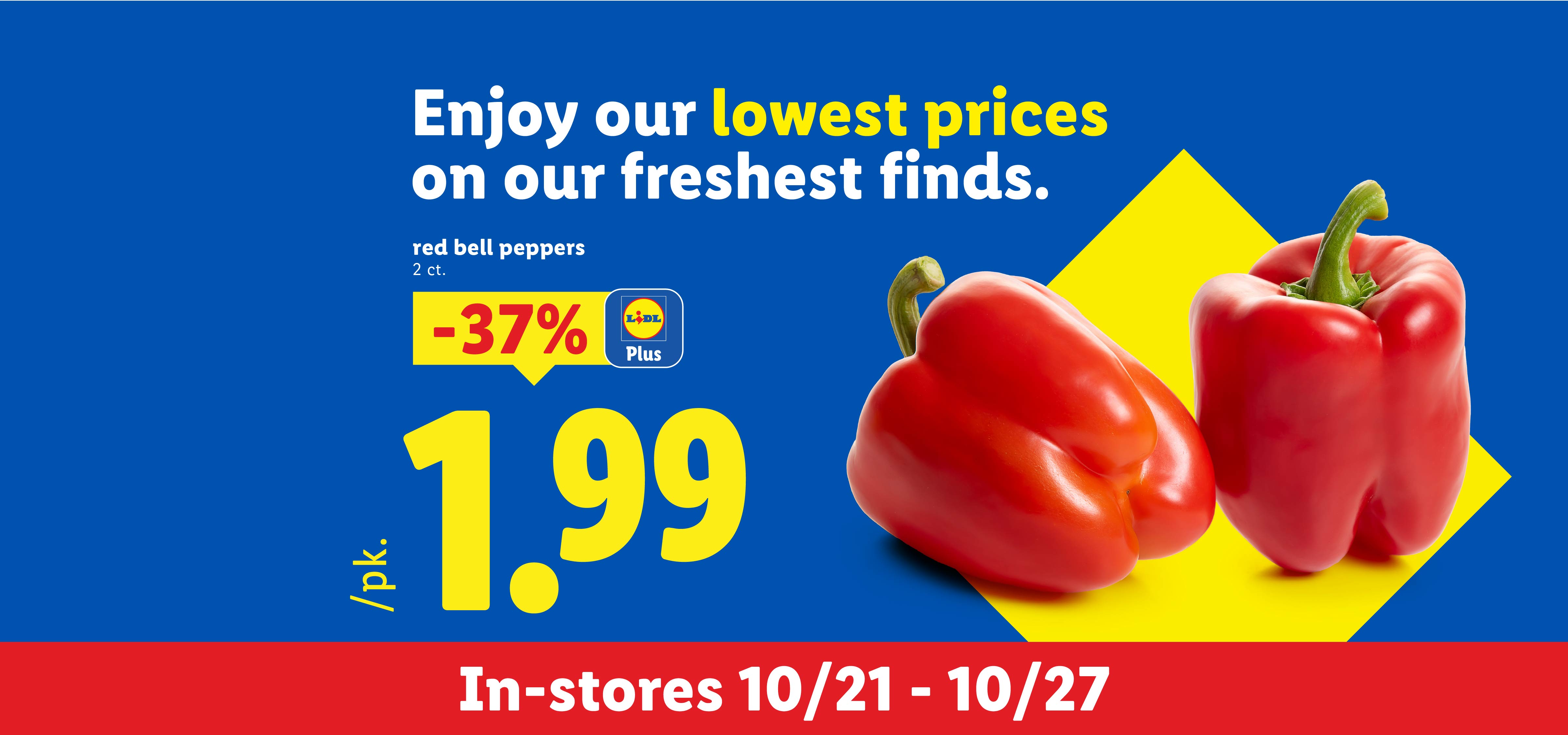 Red bell peppers 2 ct. on sale for 1.99 per pack from 10/21 to 10/27.