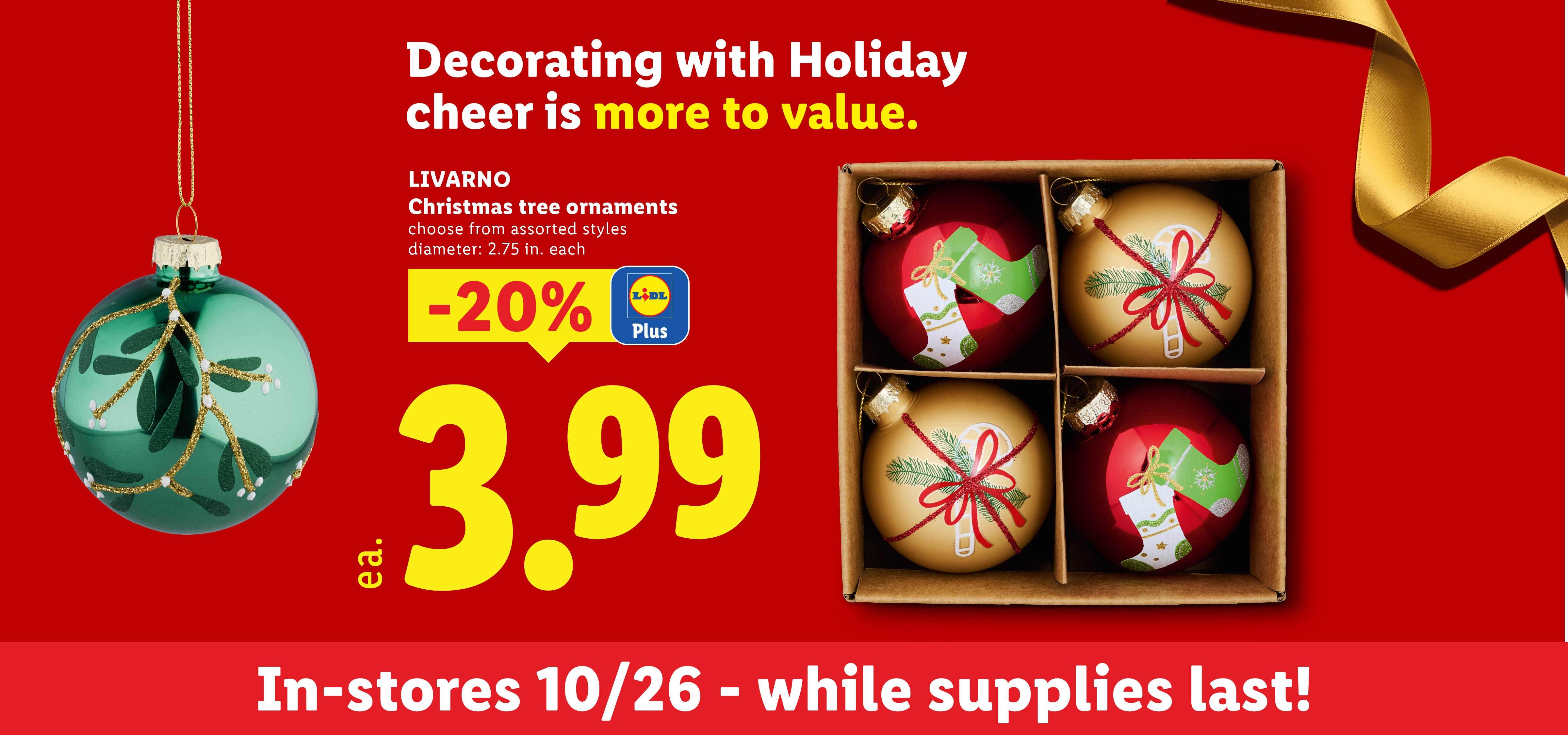 Assorted Christmas tree ornaments in a box with promotional pricing on a red background.
