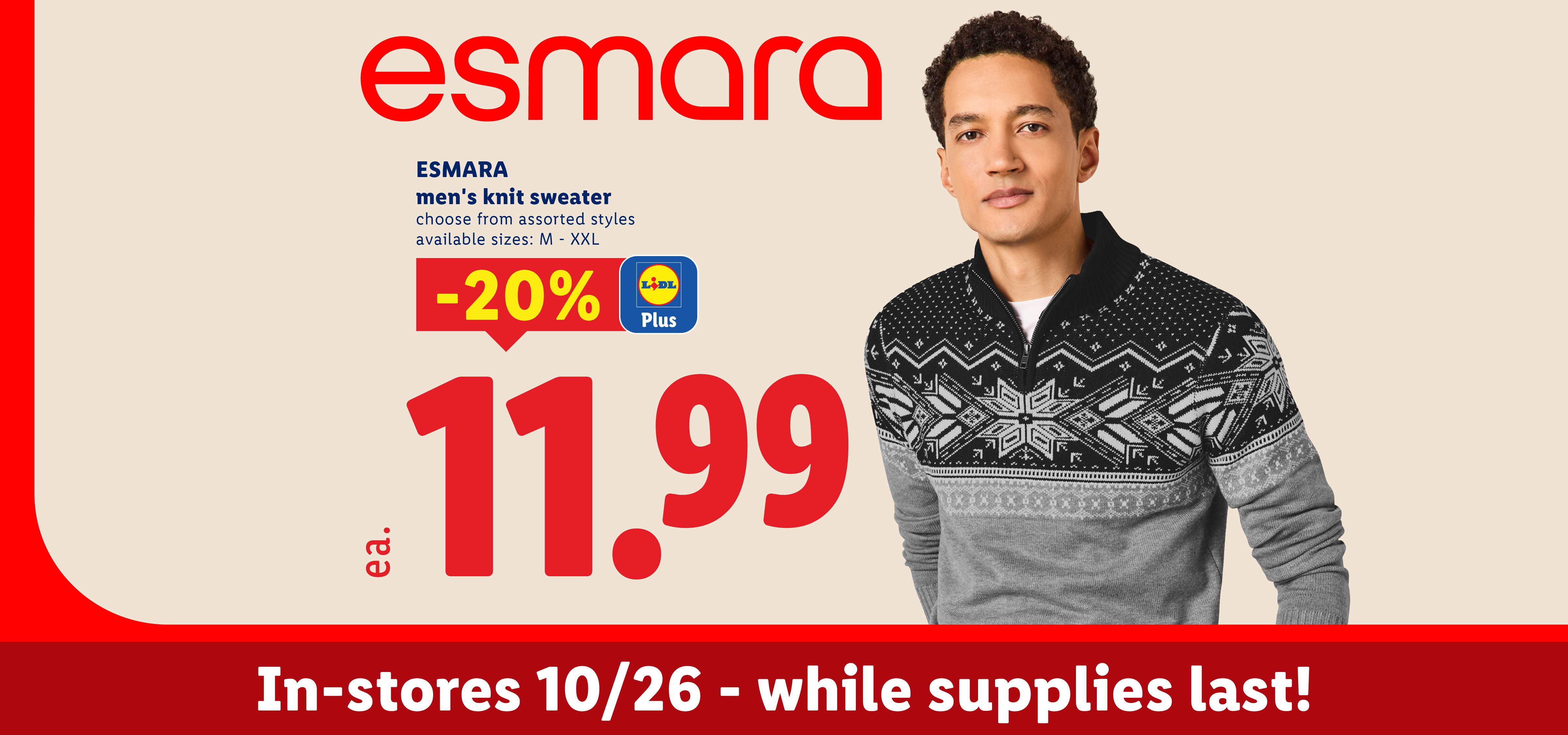 Men's knit sweaters on sale starting 10/26 for 11.99 each.