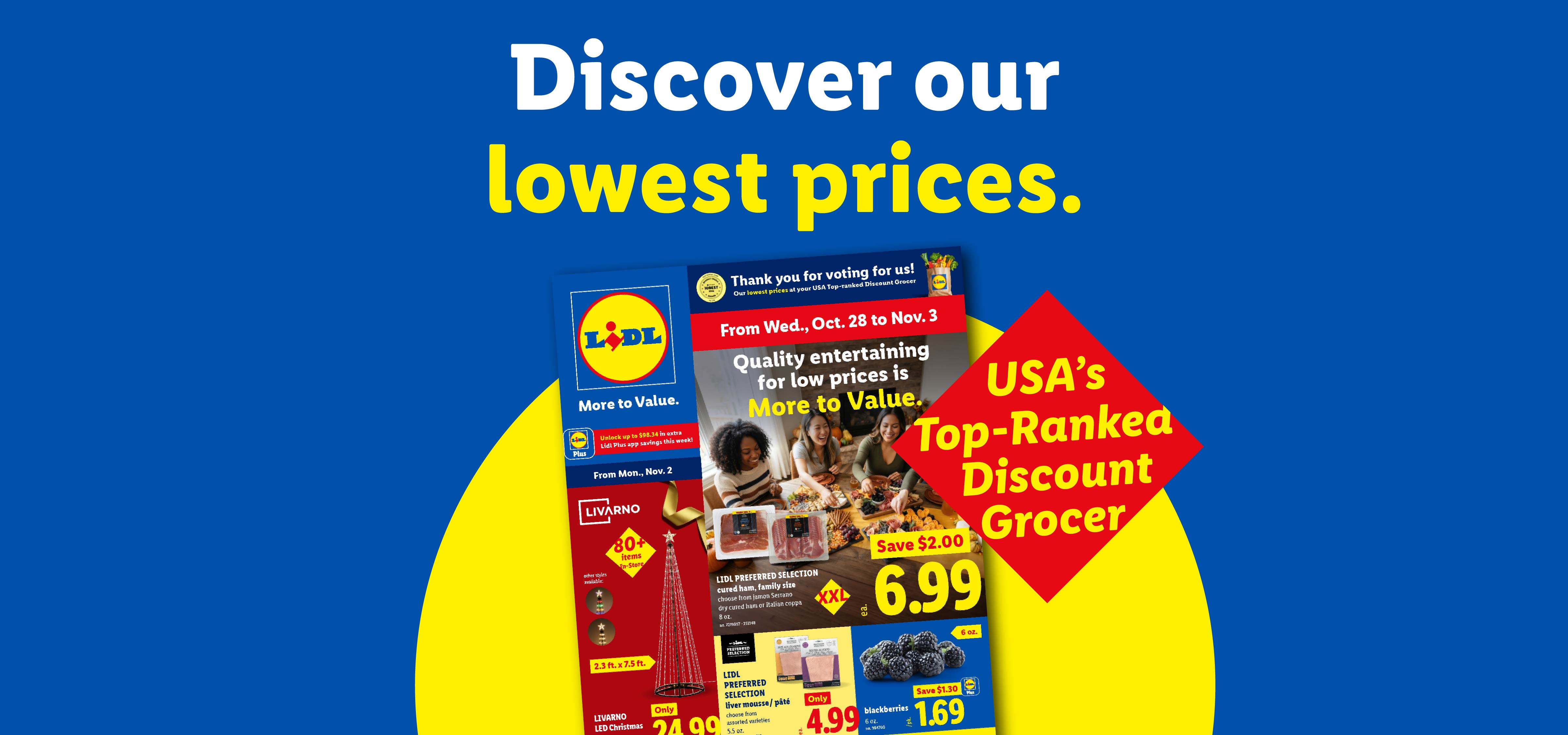Lidl promotional banner with the headline 'Discover our lowest prices.' featuring a weekly circular cover with the slogan 'More to Value.' and a red badge reading 'USA's Top-Ranked Discount Grocer'.
