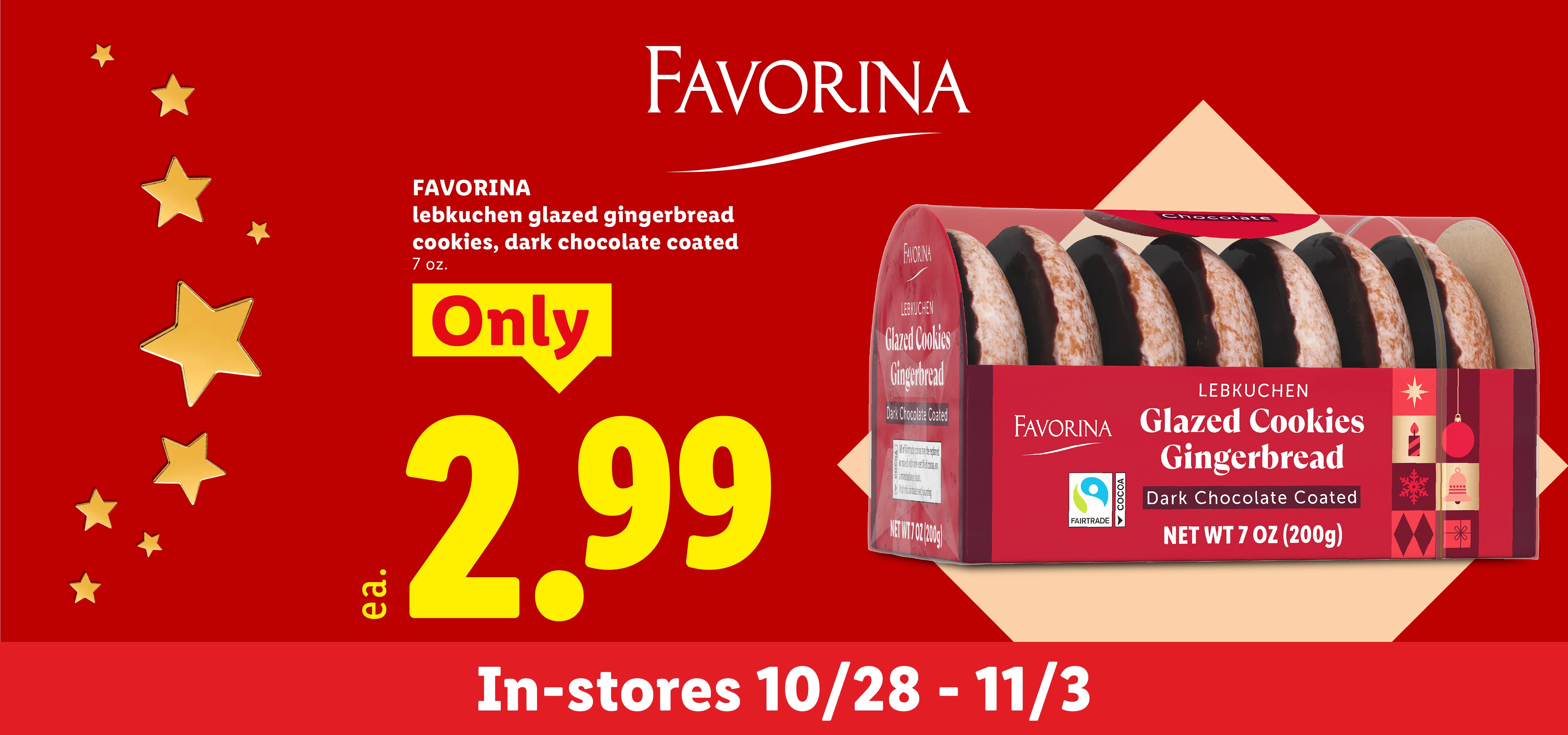 Glazed gingerbread cookies with dark chocolate coating for 2.99.