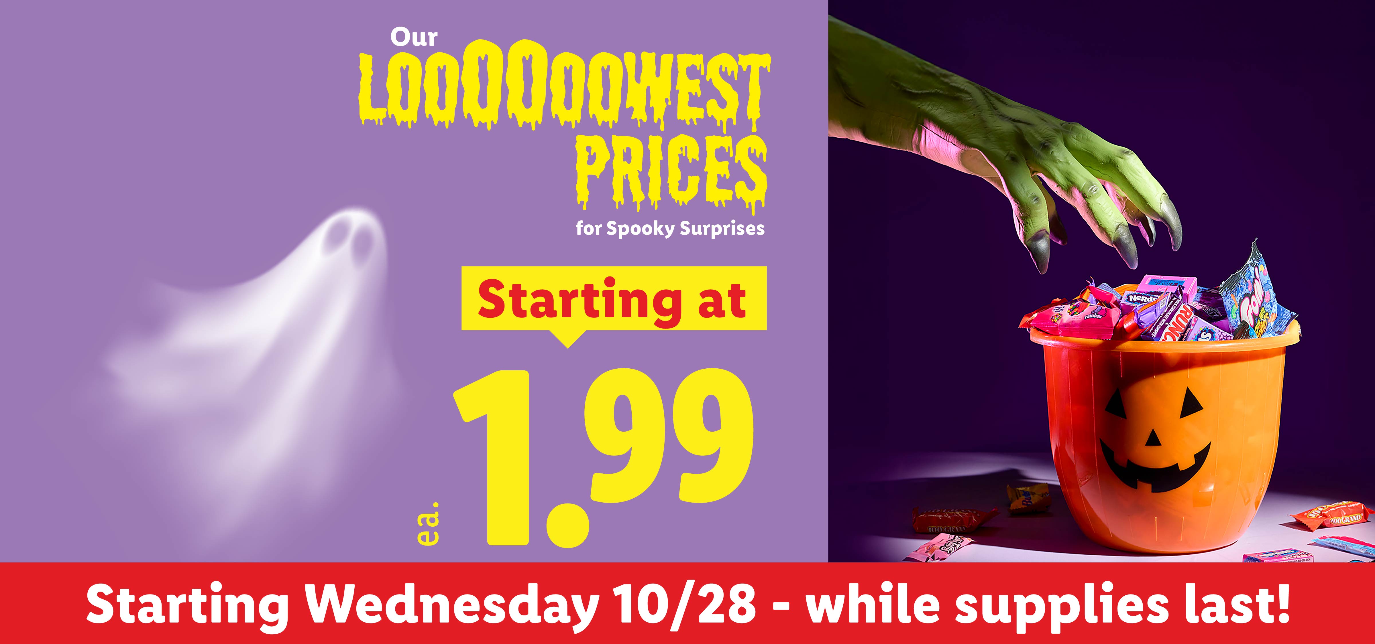 Halloween candy sale banner starting at 1.99 with spooky theme and a pumpkin bucket.