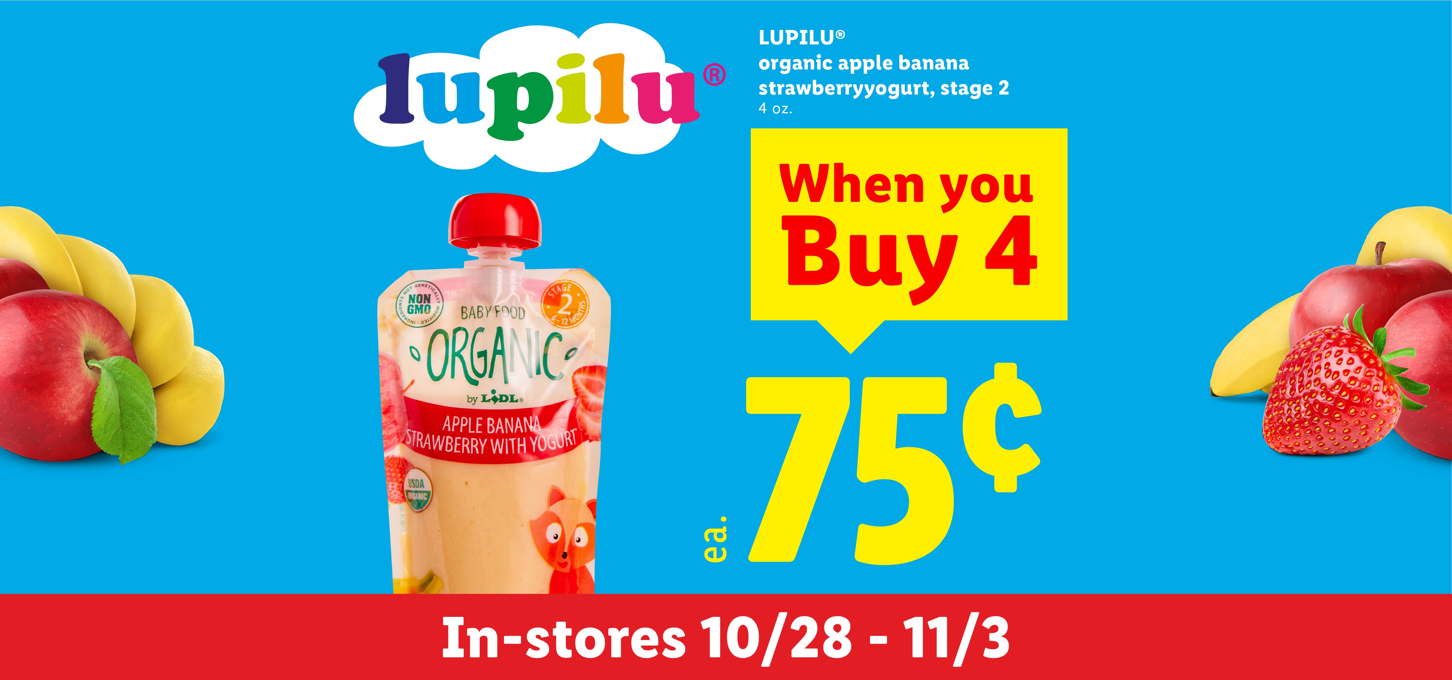 Organic baby food pouch with apple, banana, and strawberry, on sale for 75 cents each when you buy 4.
