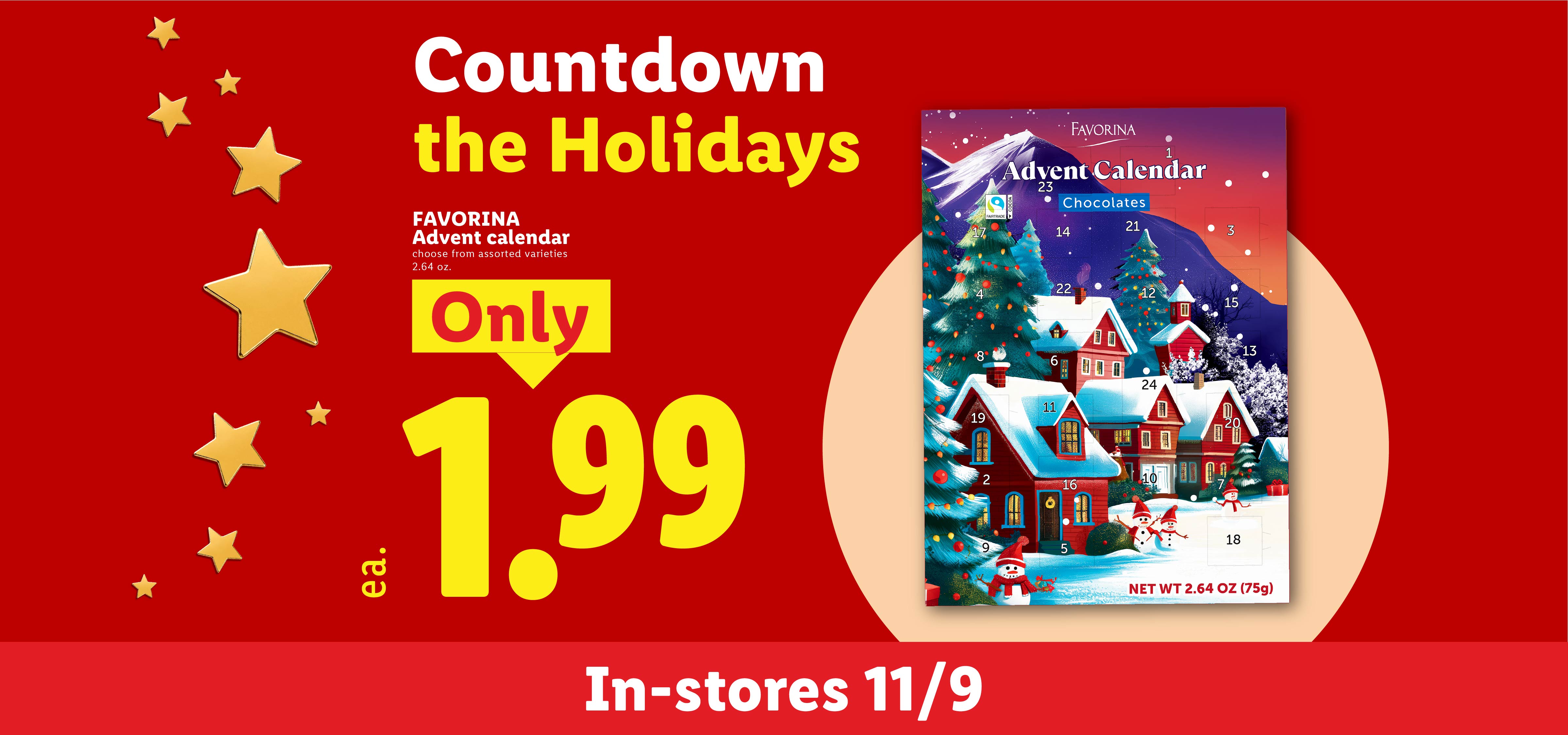 Promotional banner for Favorina Advent calendar, in-stores 11/9, featuring the slogan 'Countdown the Holidays' and a price of only 1.99 each.