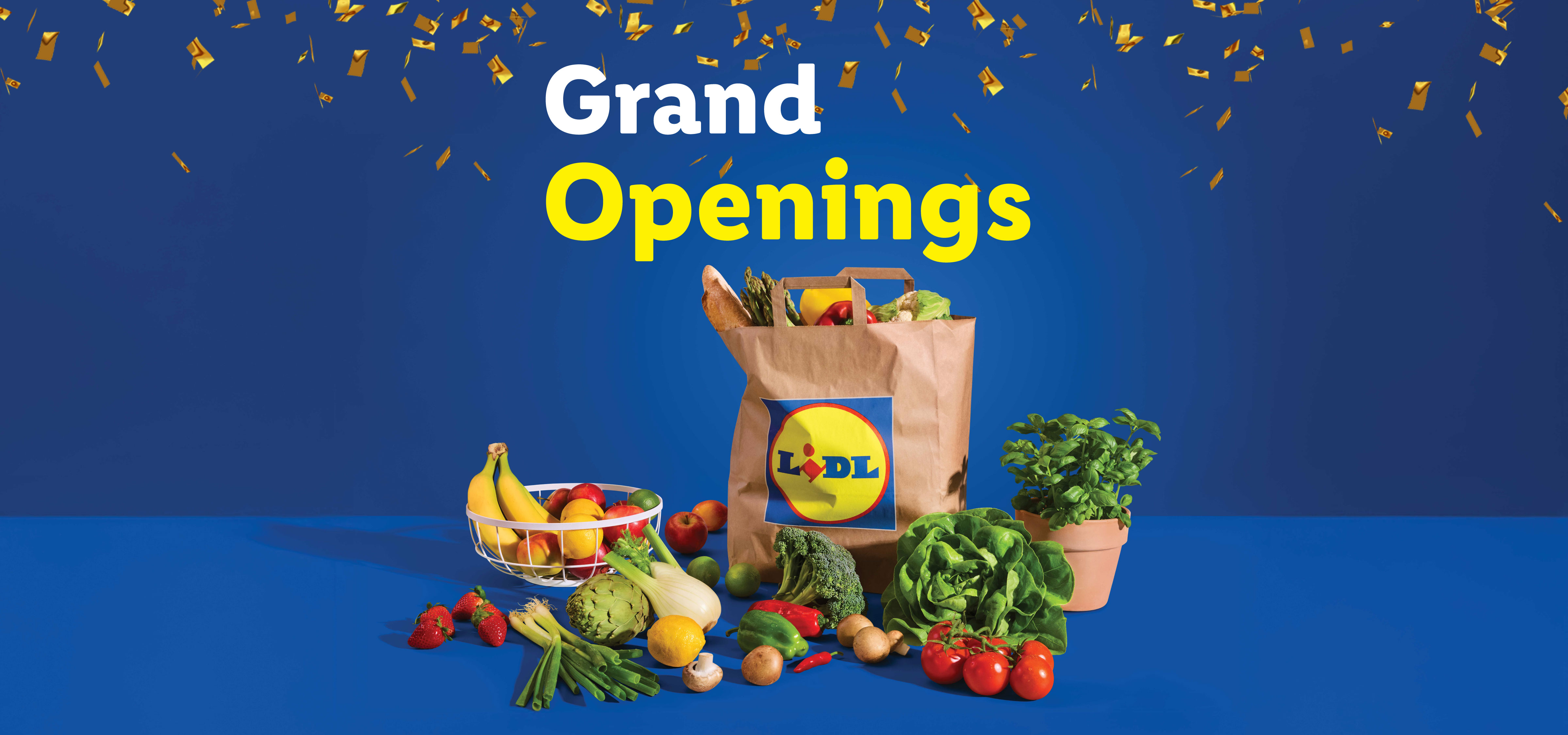 Grand Openings text with a grocery bag and fresh produce on a blue background with confetti.