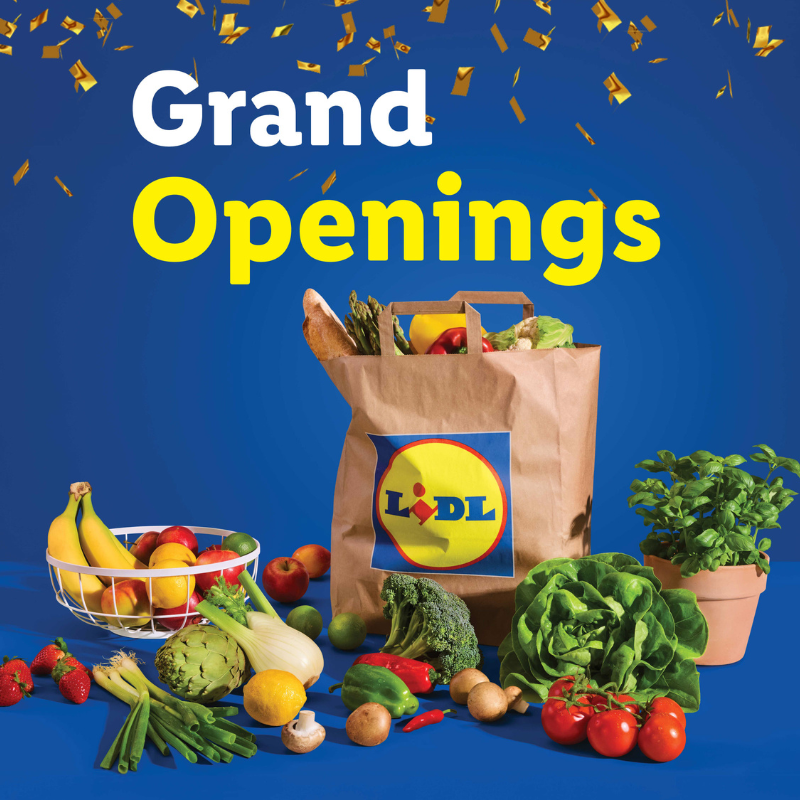 Grand Openings: A grocery bag filled with fresh produce, surrounded by fruits and vegetables.