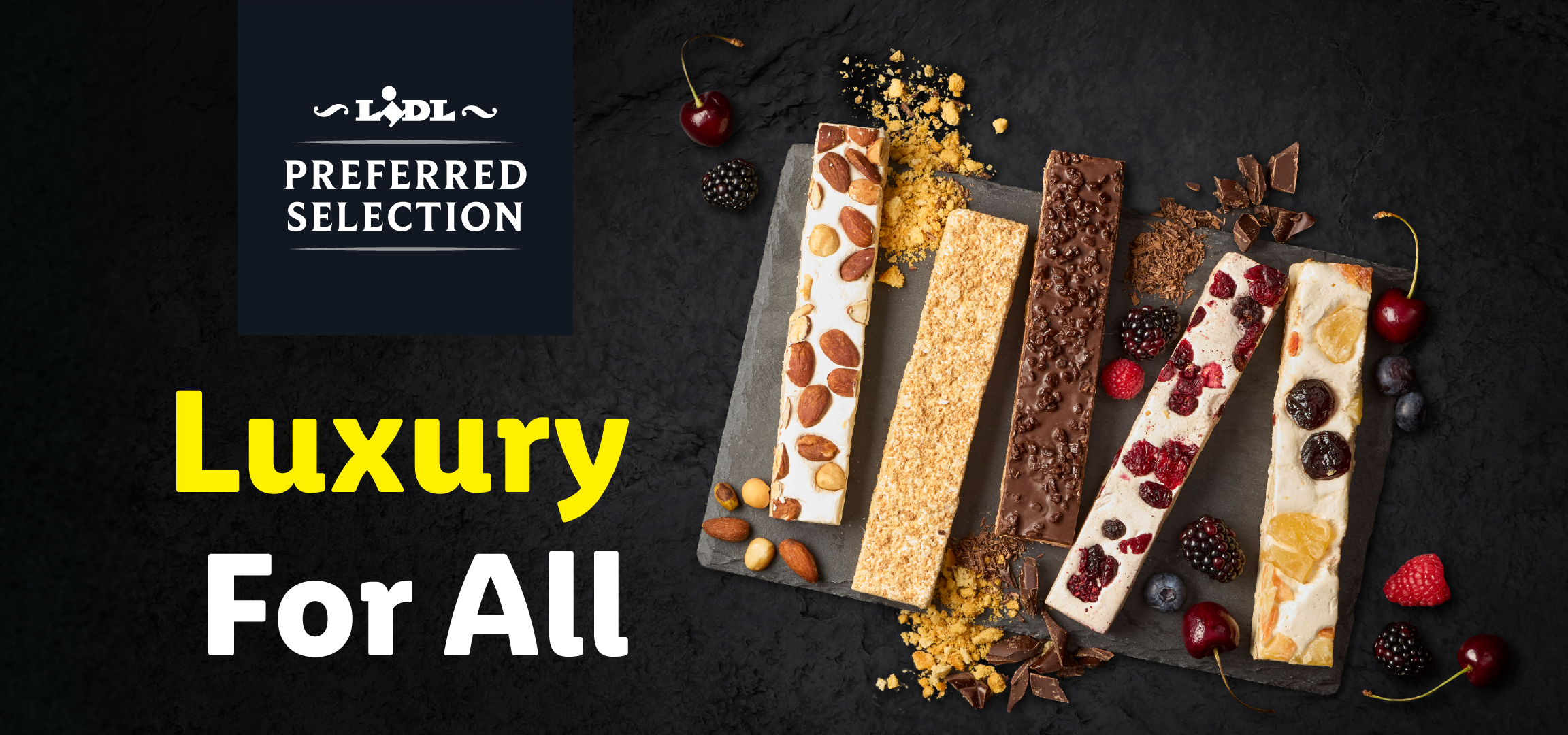 Nougat bars with nuts, fruits, and chocolate on a dark background, with text 'Luxury For All'.