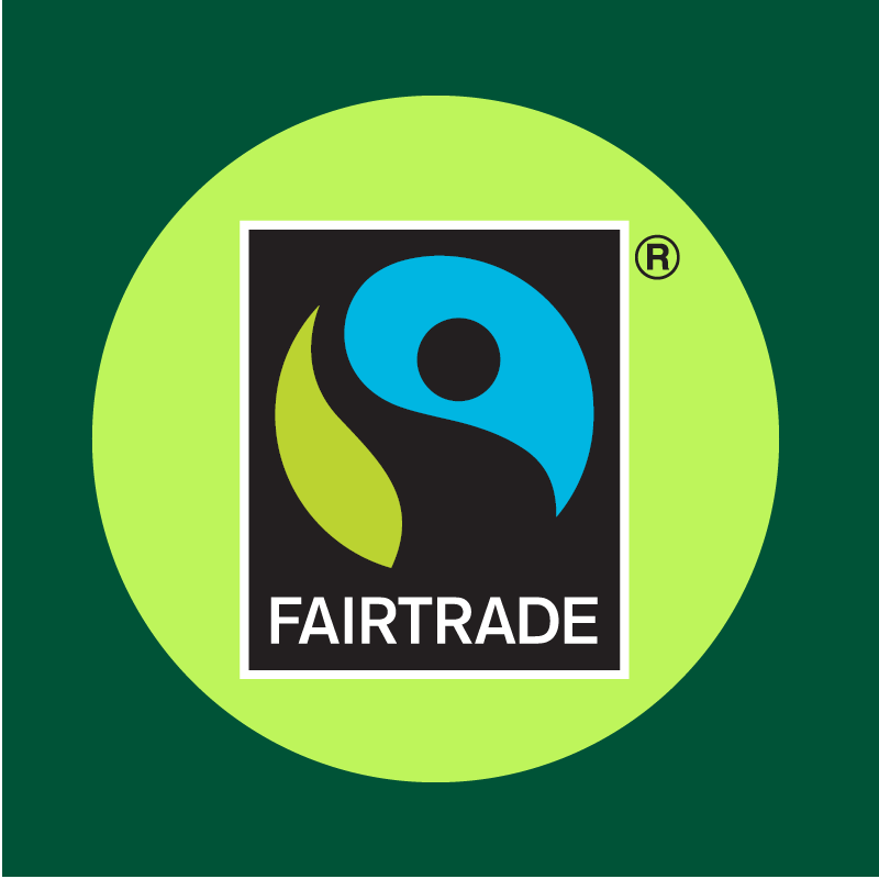 Fairtrade logo with a green leaf and blue figure on a black background, within a lime green circle.