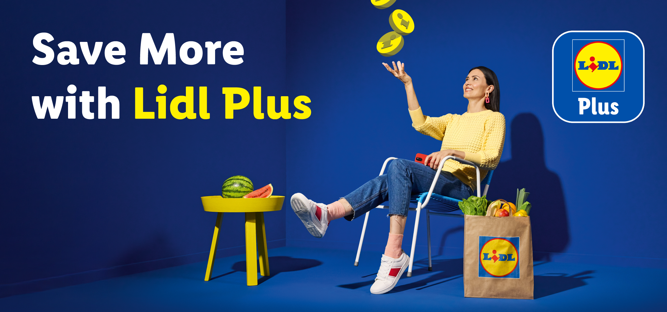 Woman with shopping bag and watermelon, text: Save More with Plus.