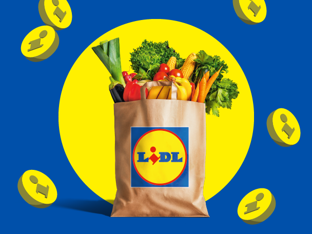 Paper bag full of fresh vegetables and fruits, with yellow info icons on a blue background.
