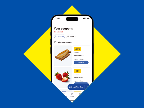 Smartphone app displaying coupons for Italian bread and strawberries, set against a blue and yellow background.