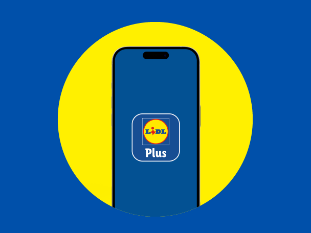 Smartphone displaying a grocery store app with a yellow circle background.