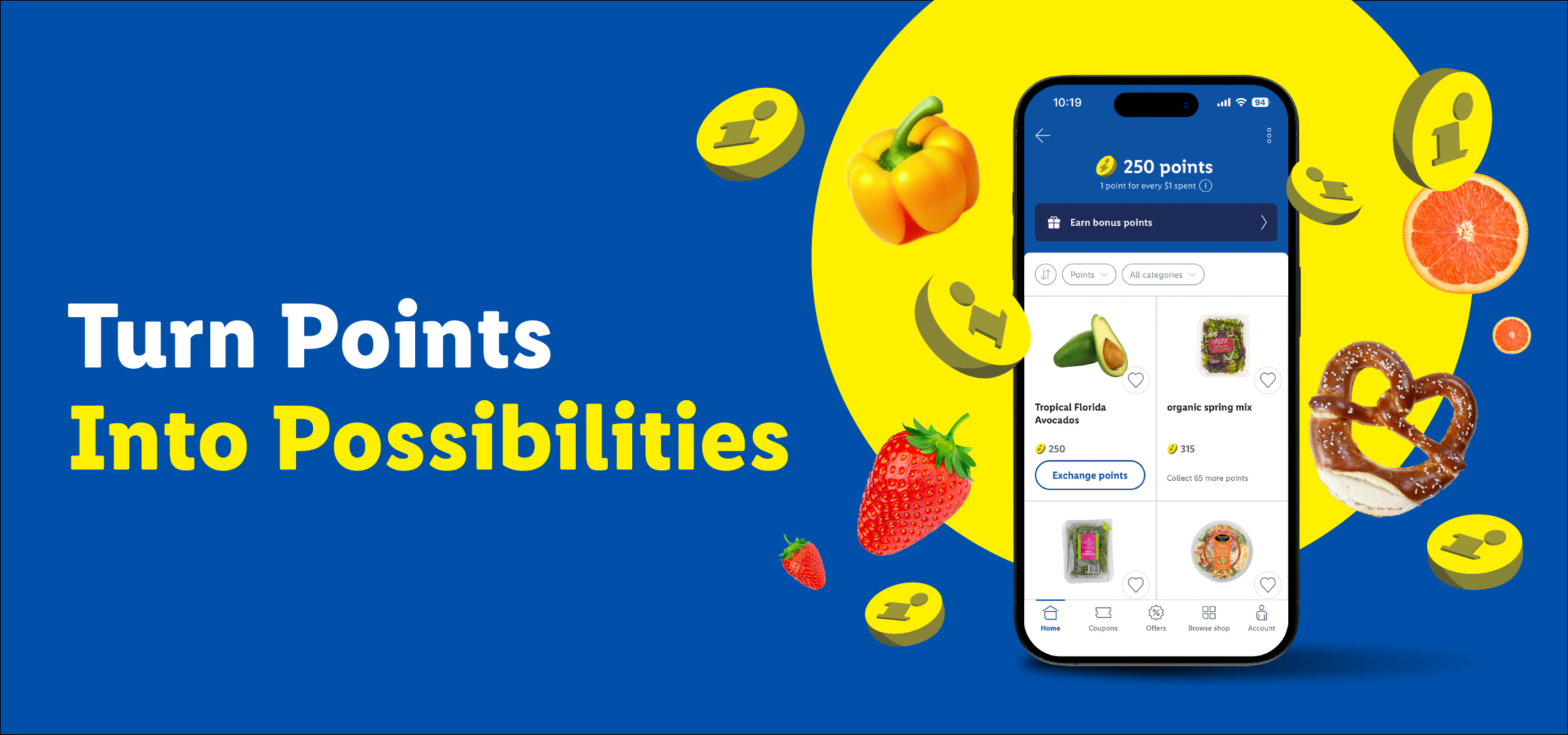 A phone displaying a loyalty program with points, surrounded by fresh produce and snacks.