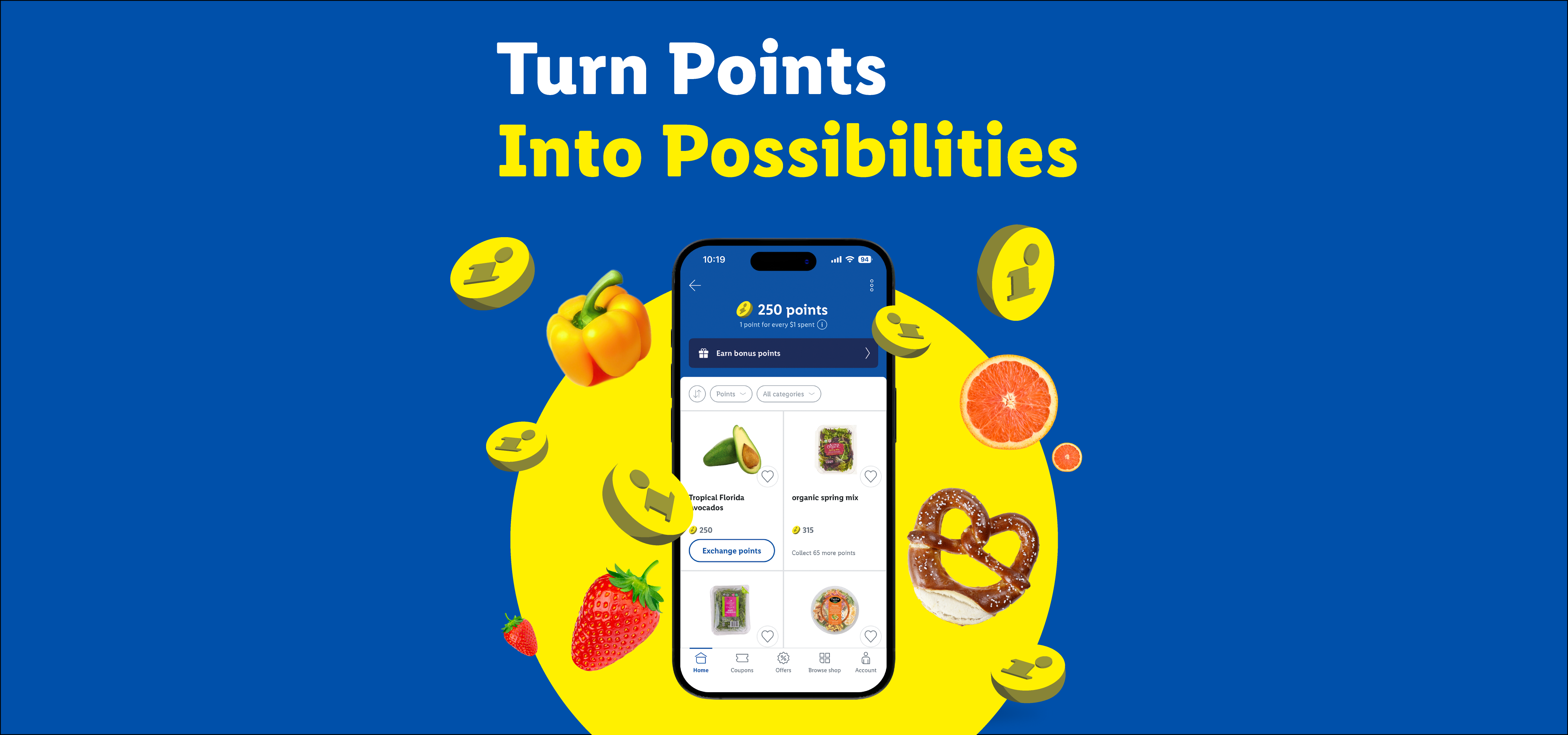 A phone displaying a loyalty program with points, surrounded by fresh produce and snacks.