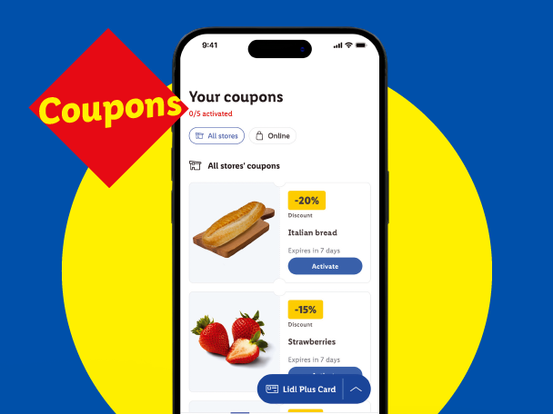 Smartphone displaying a coupon app with discounts on Italian bread and strawberries, against a blue and yellow background.