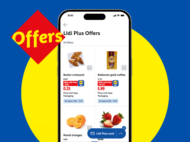 Smartphone displaying Lidl Plus offers for butter croissants, coffee, and oranges, on a blue and yellow background.