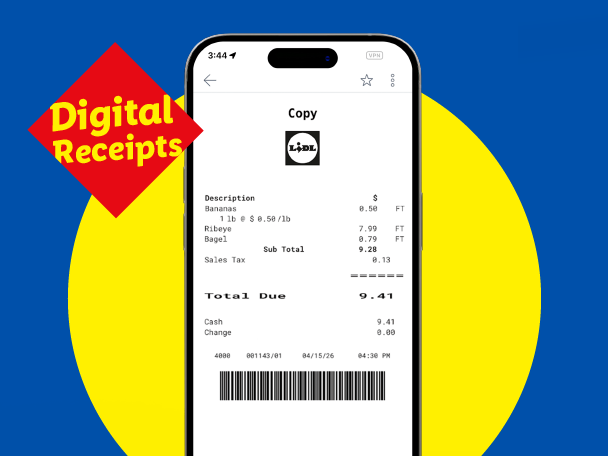 Digital receipt on a smartphone showing bananas, ribeye, and a bagel, with a total of $9.41.