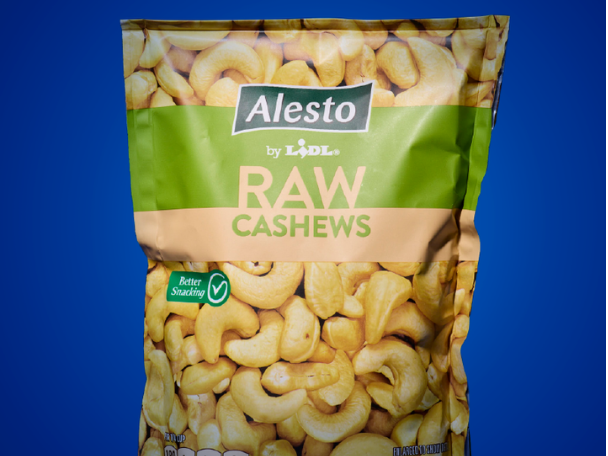 A bag of raw cashews with a green and beige label, featuring a 'Better Snacking' logo.