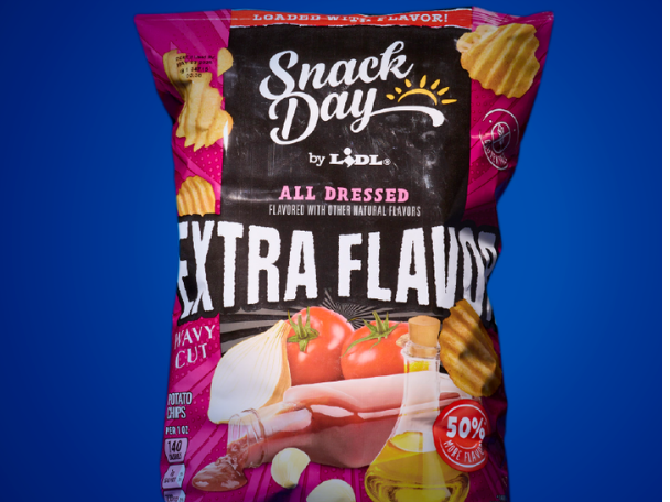 Bag of wavy cut potato chips, All Dressed flavor, with ingredients like tomato, onion, and oil.