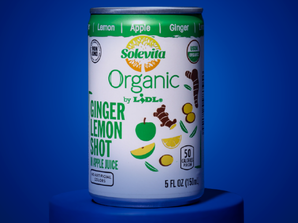 Organic ginger lemon shot in apple juice, 50 calories per can, 5 fl oz (150ml).