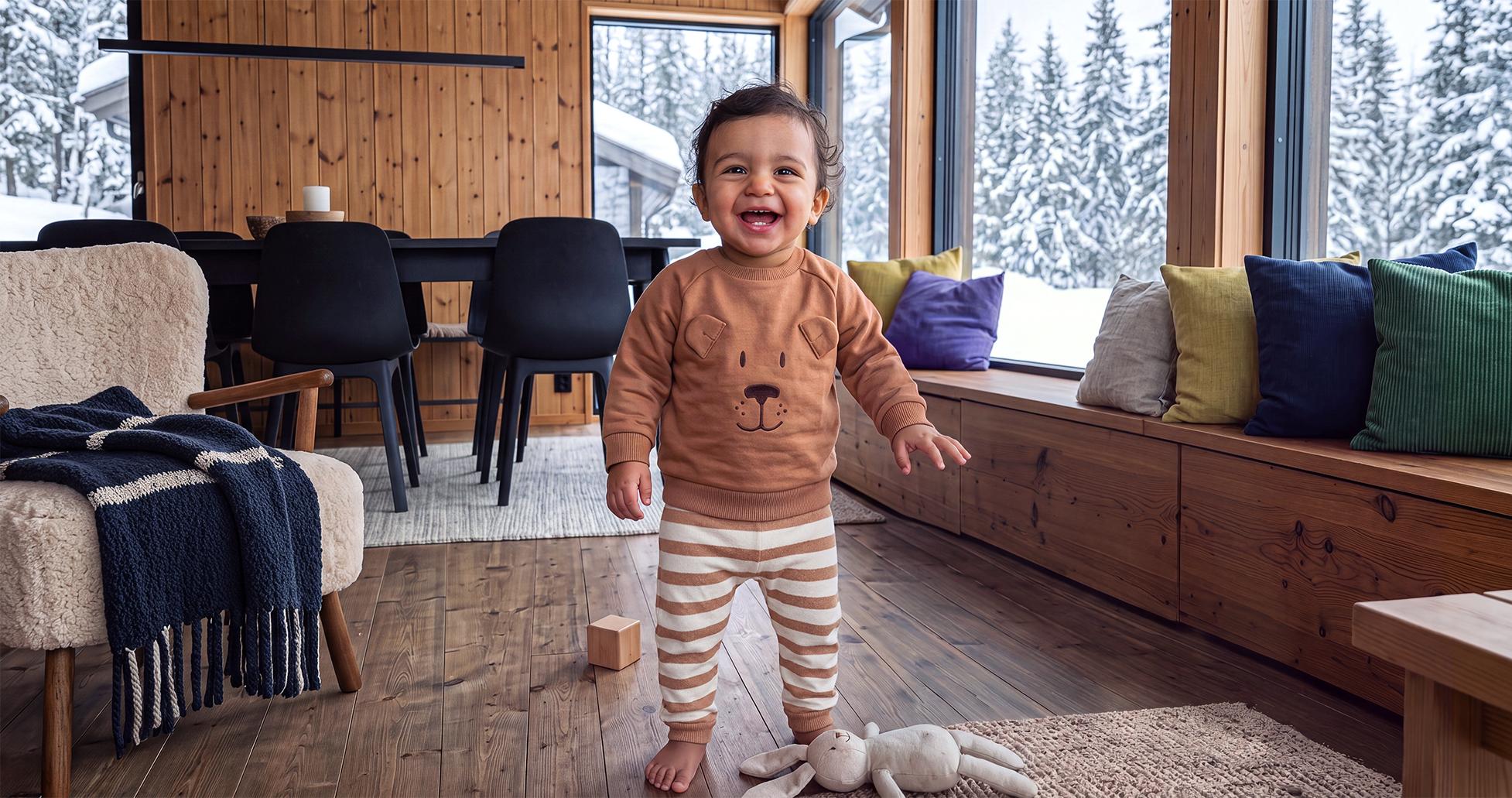 Smiling toddler in a brown bear pajama in a cozy winter living room.