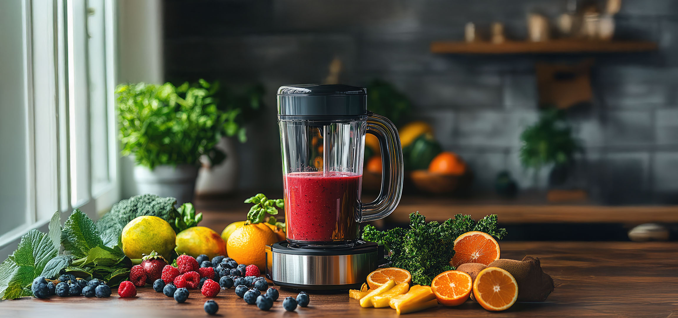 Liquidificador com frutas e legumes.