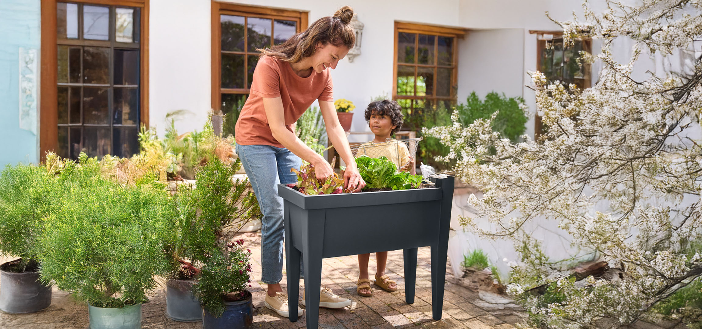 Uma mãe e seu filho plantando vegetais em uma horta elevada cinza-escuro.