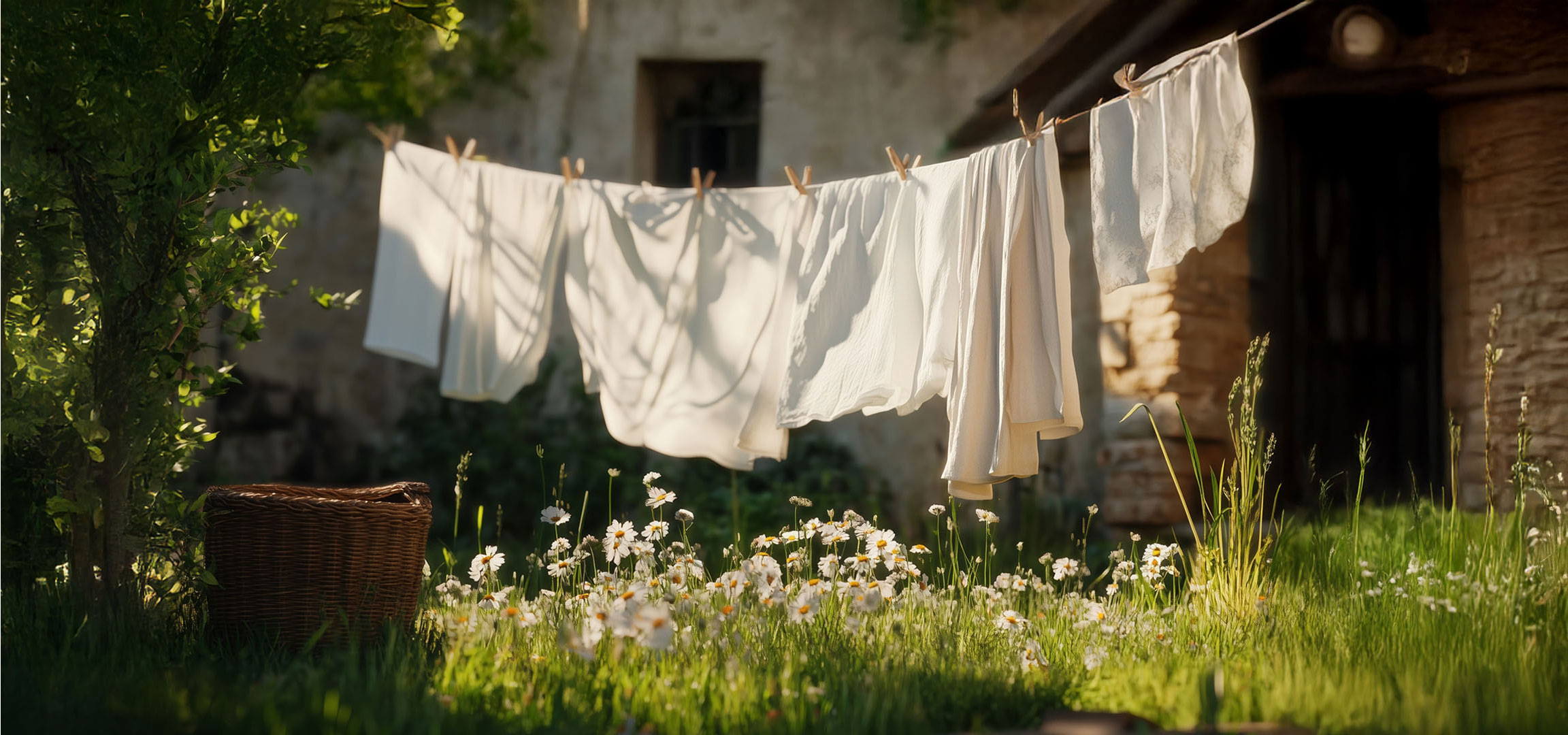 Roupas brancas secando em um jardim com margaridas.