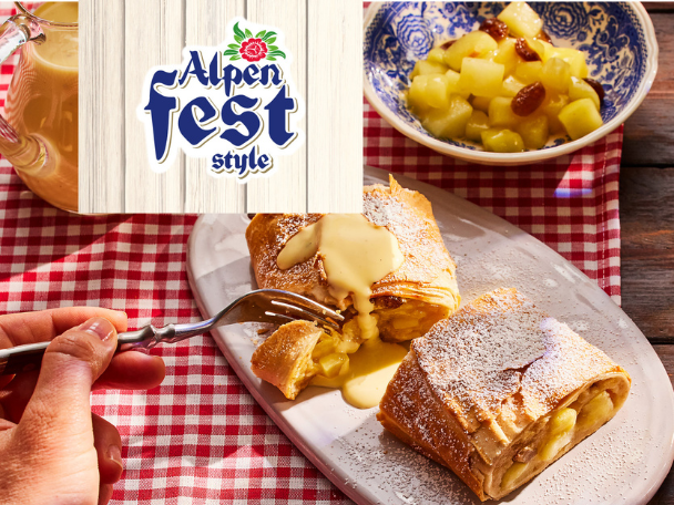 Apple strudel with custard and stewed apples, with 'Alpen Fest style' logo.