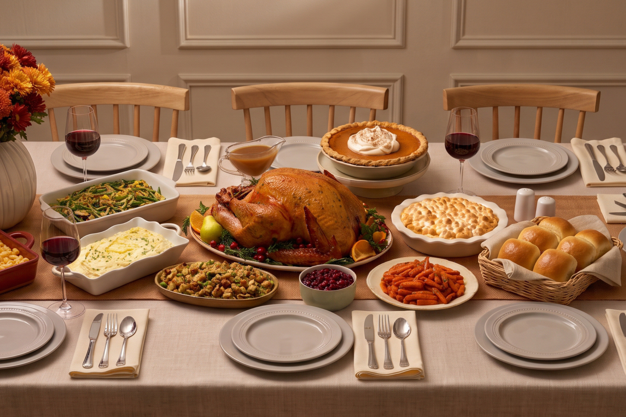 A festive Thanksgiving dinner table spread with roasted turkey, sides, and pumpkin pie.