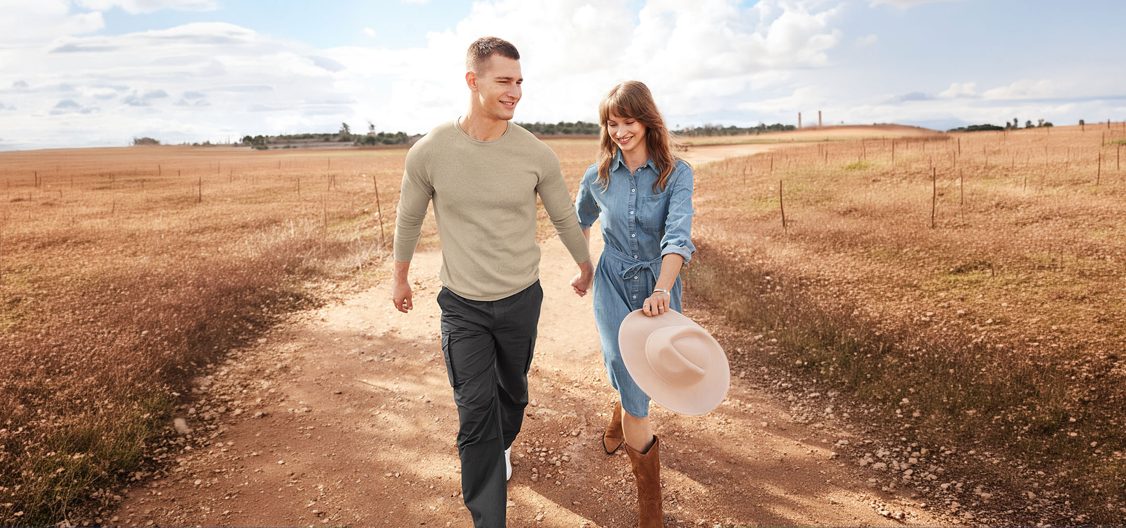 aiLabeling.aiLabelForImageAltText: Couple in casual wear walking on a dirt road through a field.