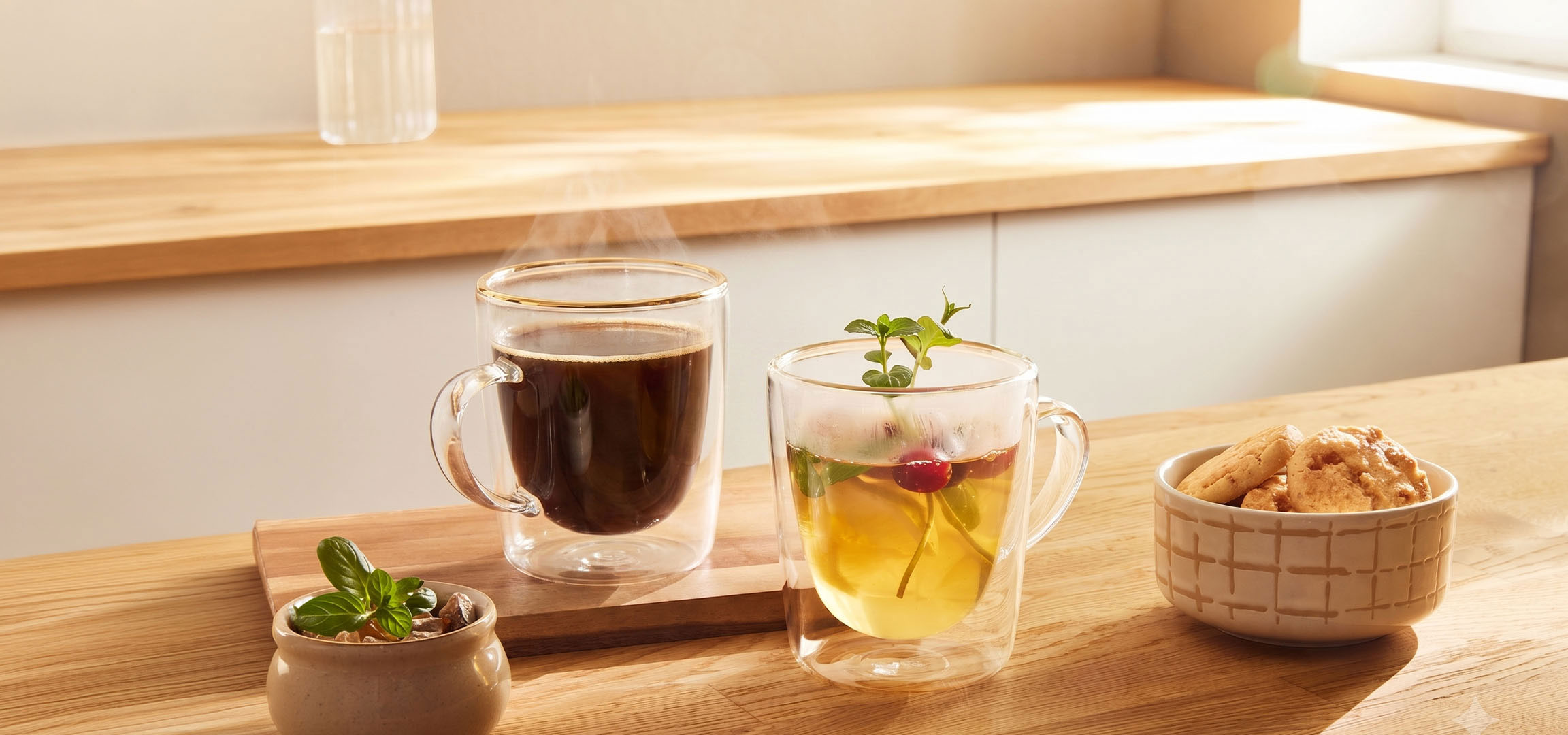 aiLabeling.aiLabelForImageAltText: Two mugs of hot beverages and a bowl of cookies on a wooden table in a kitchen.
