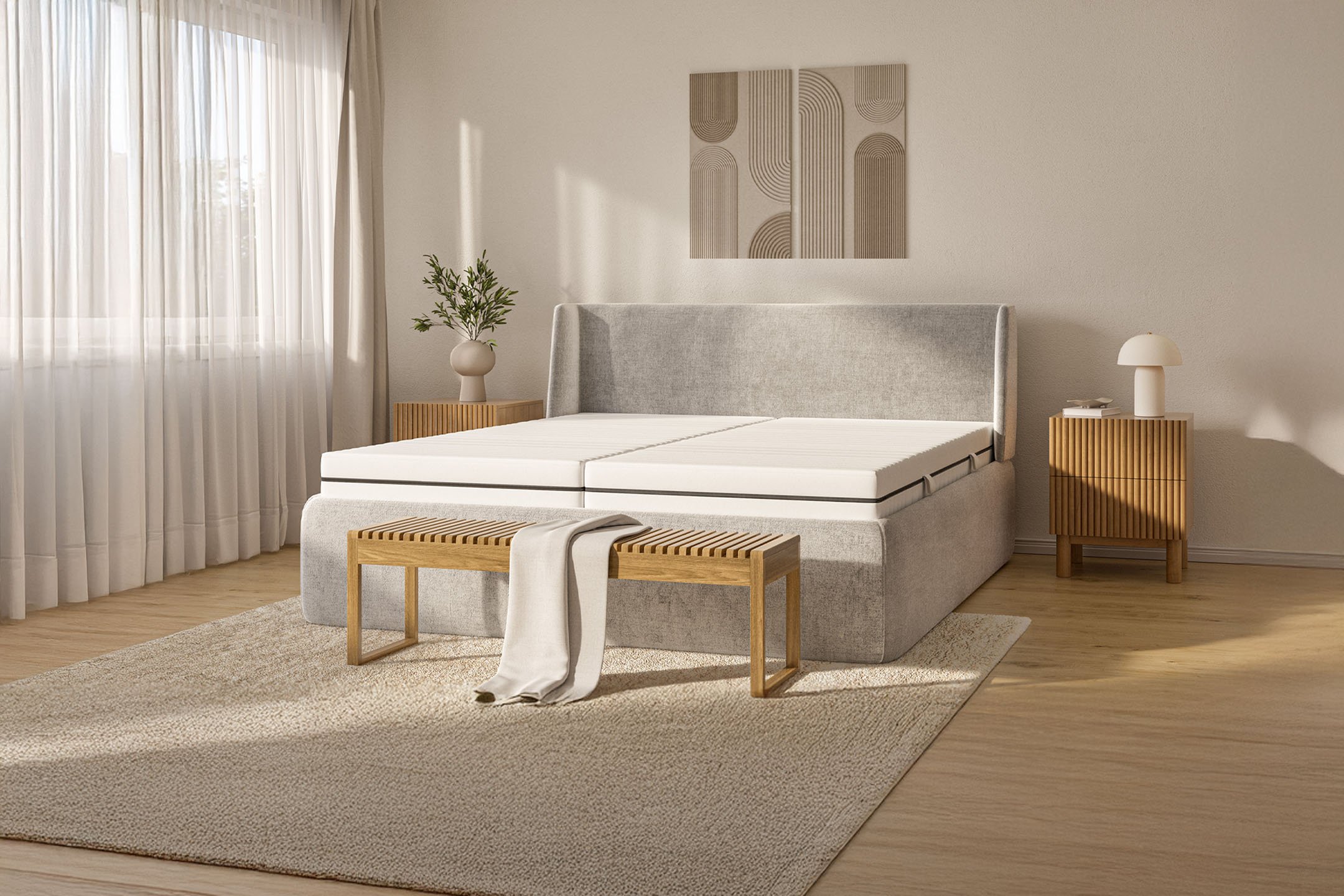 Modern bedroom with a beige continental bed, wooden nightstands, and a bench.