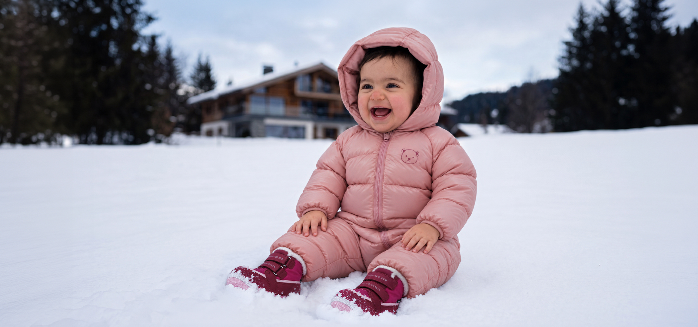 aiLabeling.aiLabelForImageAltText: Smiling toddler in a pink snowsuit sitting in the snow.